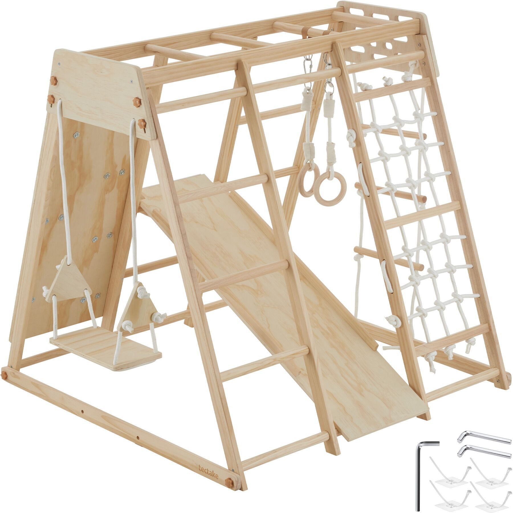 tectake Klettergerüst Indoor Holz Kletterspielgerüst mit Rutsche und Turnringen, (Klettergerüst für Kinder Mont Blanc, in Hellbraun), klappbar, splitterfrei, für bis zu 3 Kinder