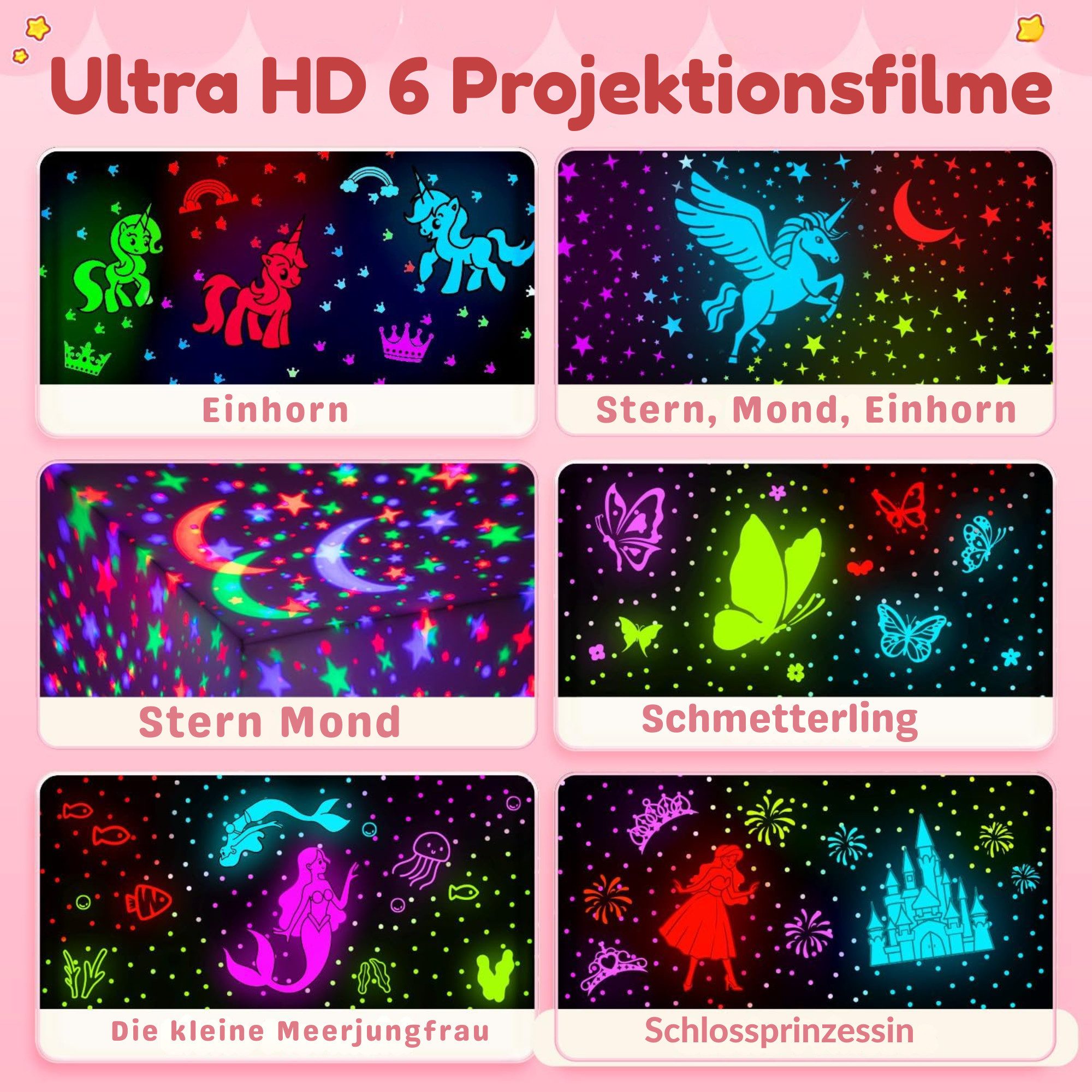 Vivitar LED-Sternenhimmel Projektor Nachtlicht 96 Lichteffekten, 6 Projektionsfolien 16 Farbmodi, 1 Meter Kabel, Fernbedienung Stimmungsbeleuchtung, Projektions – Bild 4 von 5
