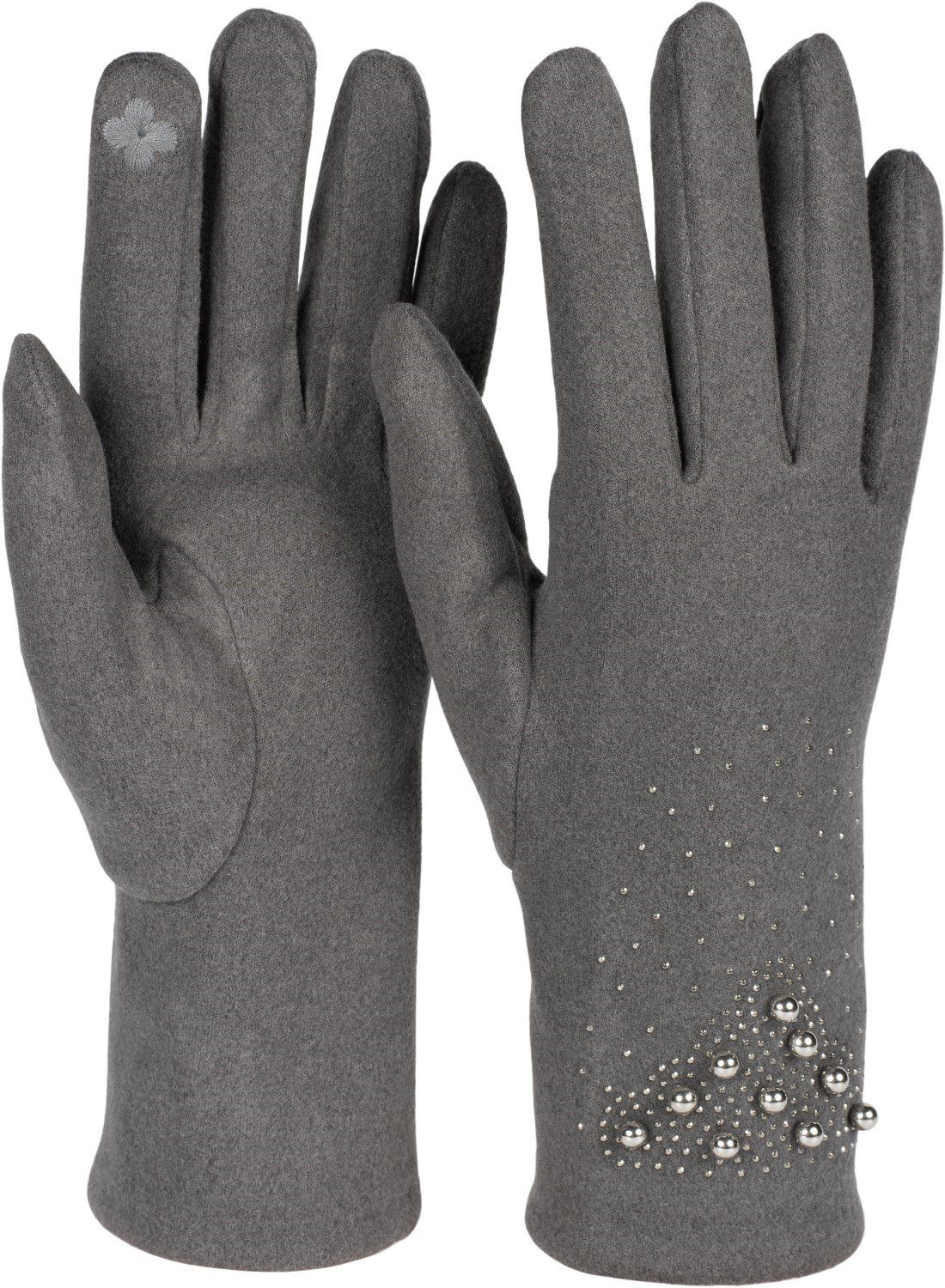 Dunkelgrau Strass Perlen Handschuhe mit Fleecehandschuhe styleBREAKER Touchscreen und