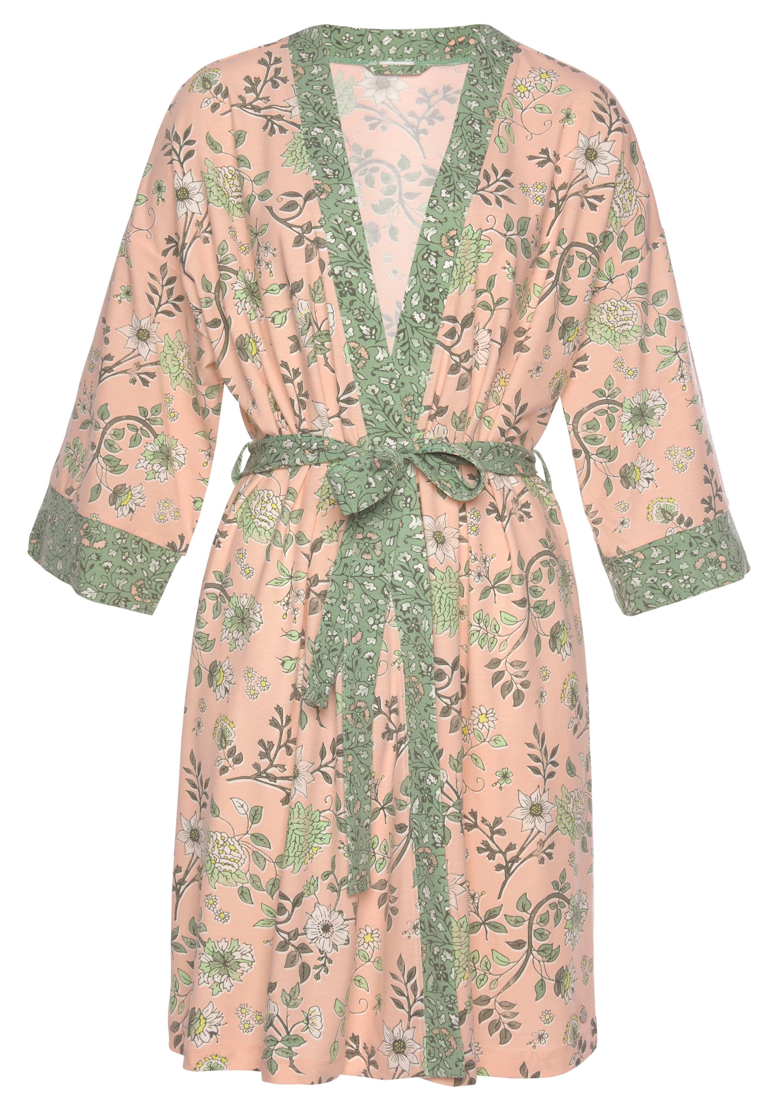 Kimono, Kurzform, Allover-Druck nude-schilfgrün Kimono-Kragen, Blumen Gürtel, Jersey, LASCANA mit
