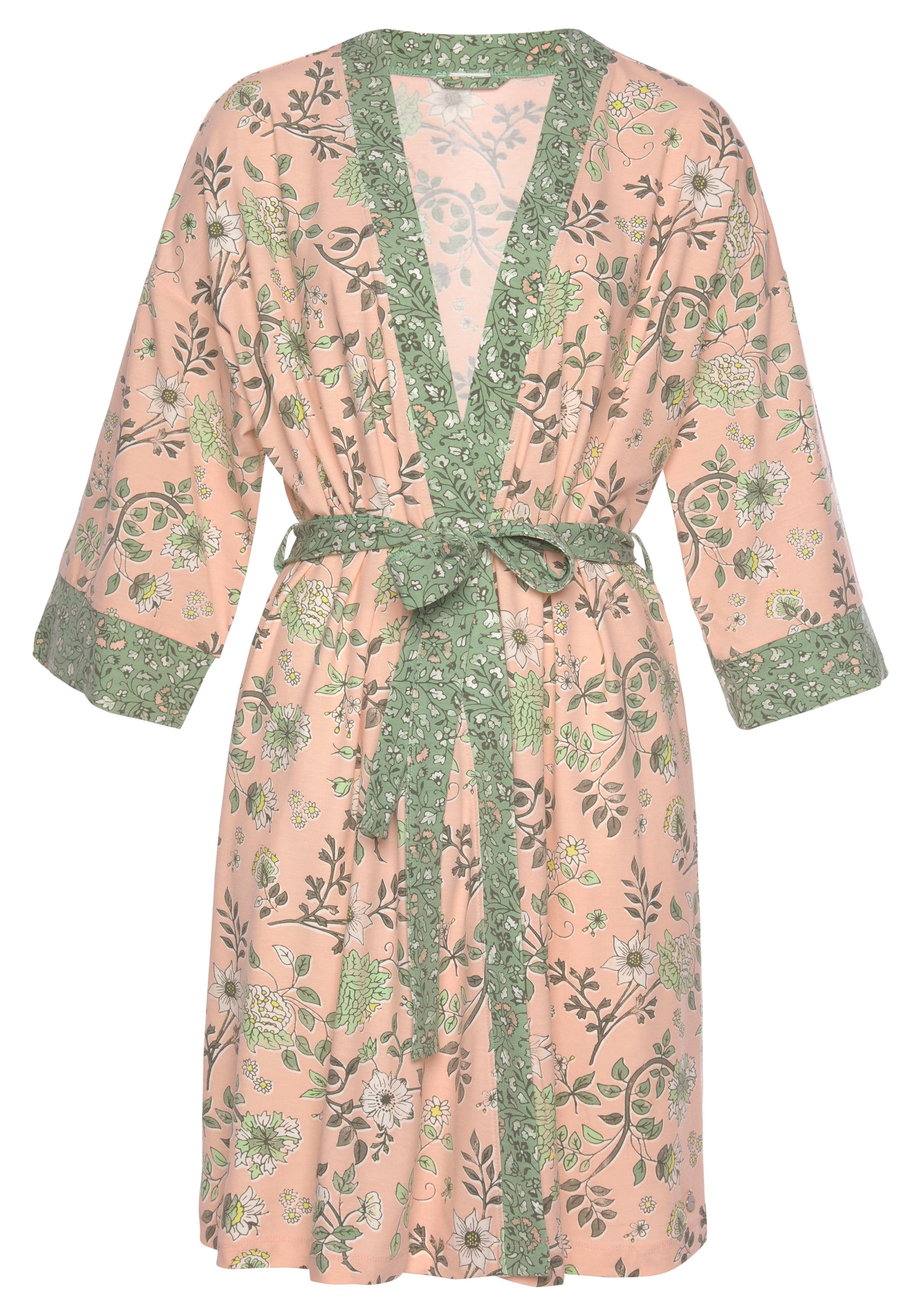 Jersey, Kurzform, Allover-Druck Kimono, mit Kimono-Kragen, LASCANA nude-schilfgrün Gürtel, Blumen