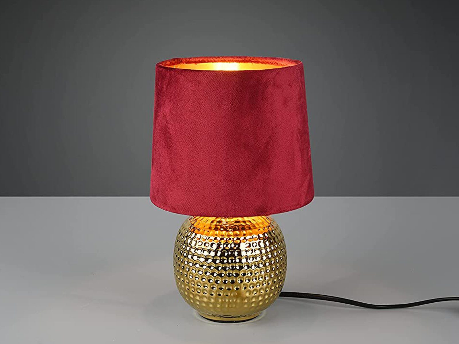 meineWunschleuchte LED Nachttischlampe, Dimmfunktion, LED wechselbar, Warmweiß, kleine ausgefallen-e Samt Lampenschirm dimmbar, Rot Gold-en, Höhe 26cm Rot-Gold
