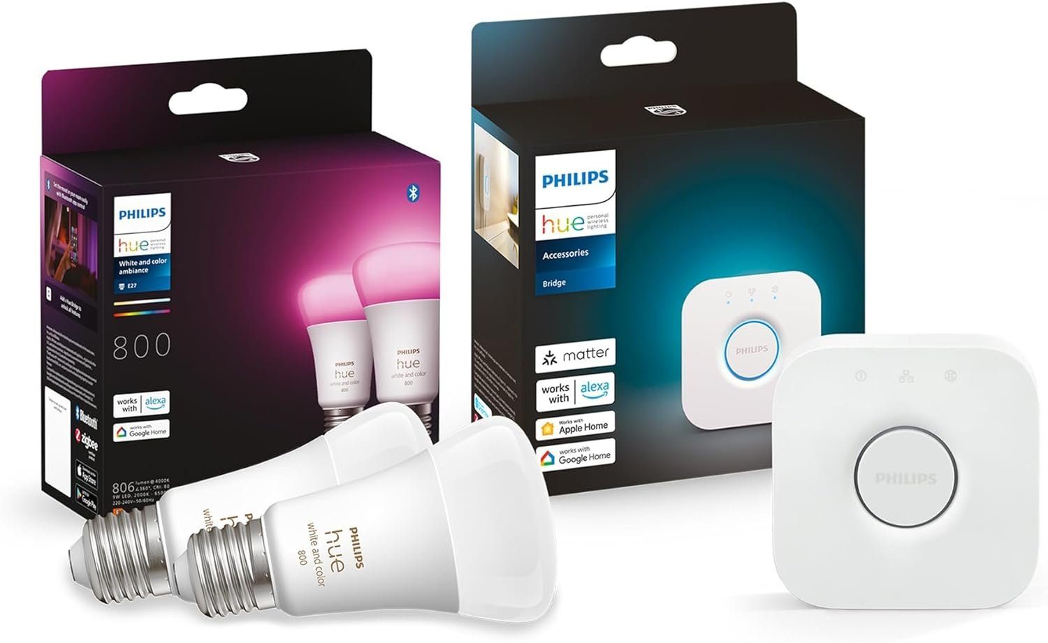 Philips Hue LED-Leuchtmittel Philips Hue White and Col. Amb. E27 2-er Pack 800lm inkl. Hue Bridge, 3 St.