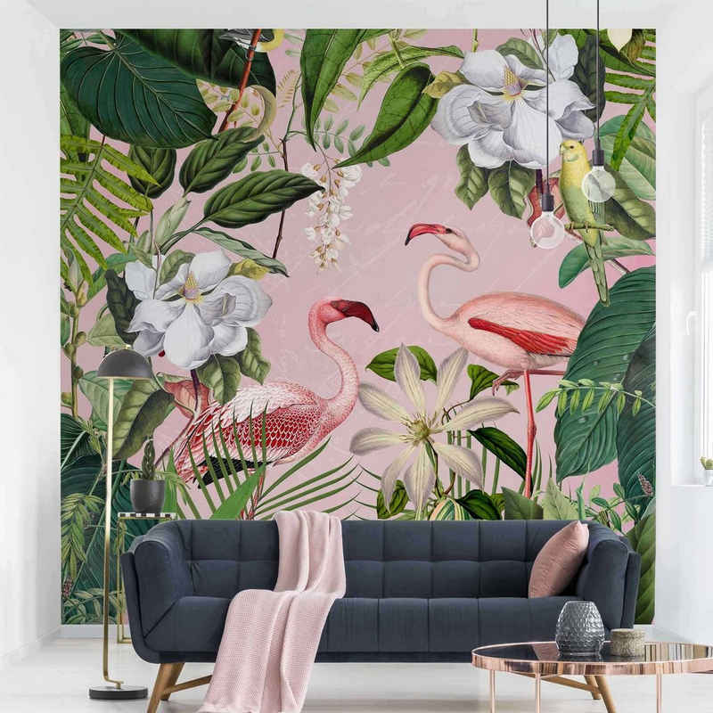 Bilderdepot24 Fototapete Vögel Tropische Flamingos Pflanzen Rosa Vintage Illustration Wanddeko, Glatt, Matt, (Vliestapete inkl. Kleister oder selbstklebend), Wohnzimmer Schlafzimmer Küche Flur Bildtapete Vliestapete Wandtapete