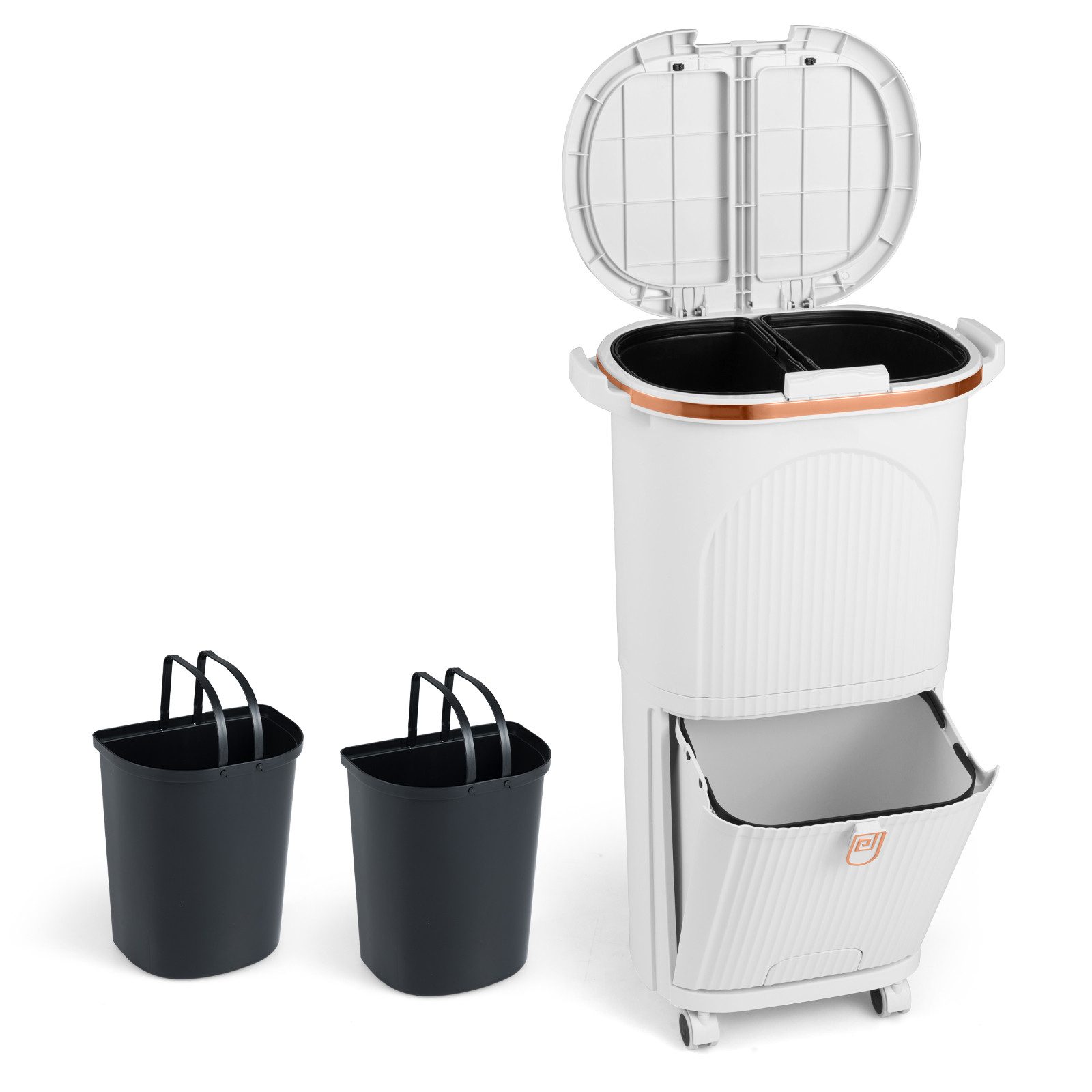 COSTWAY Mülleimer, Küche 3 Fächer Mülltrennsystem mit Doppeldeckel Tretmülleimer 38L
