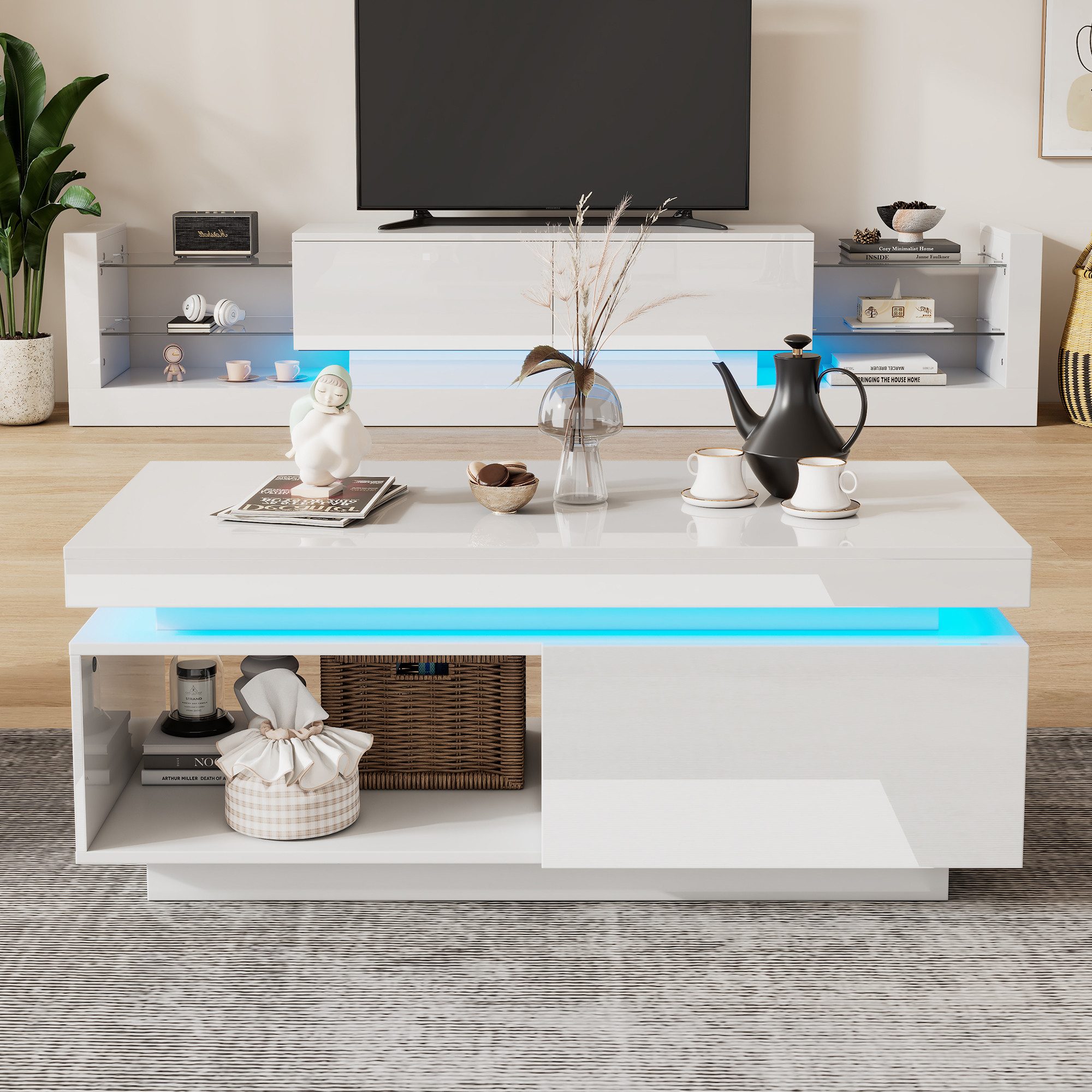 REDOM Wohnzimmer-Set Wohnzimmermöbel Set Hochglanz Weiß günstig online kaufen
