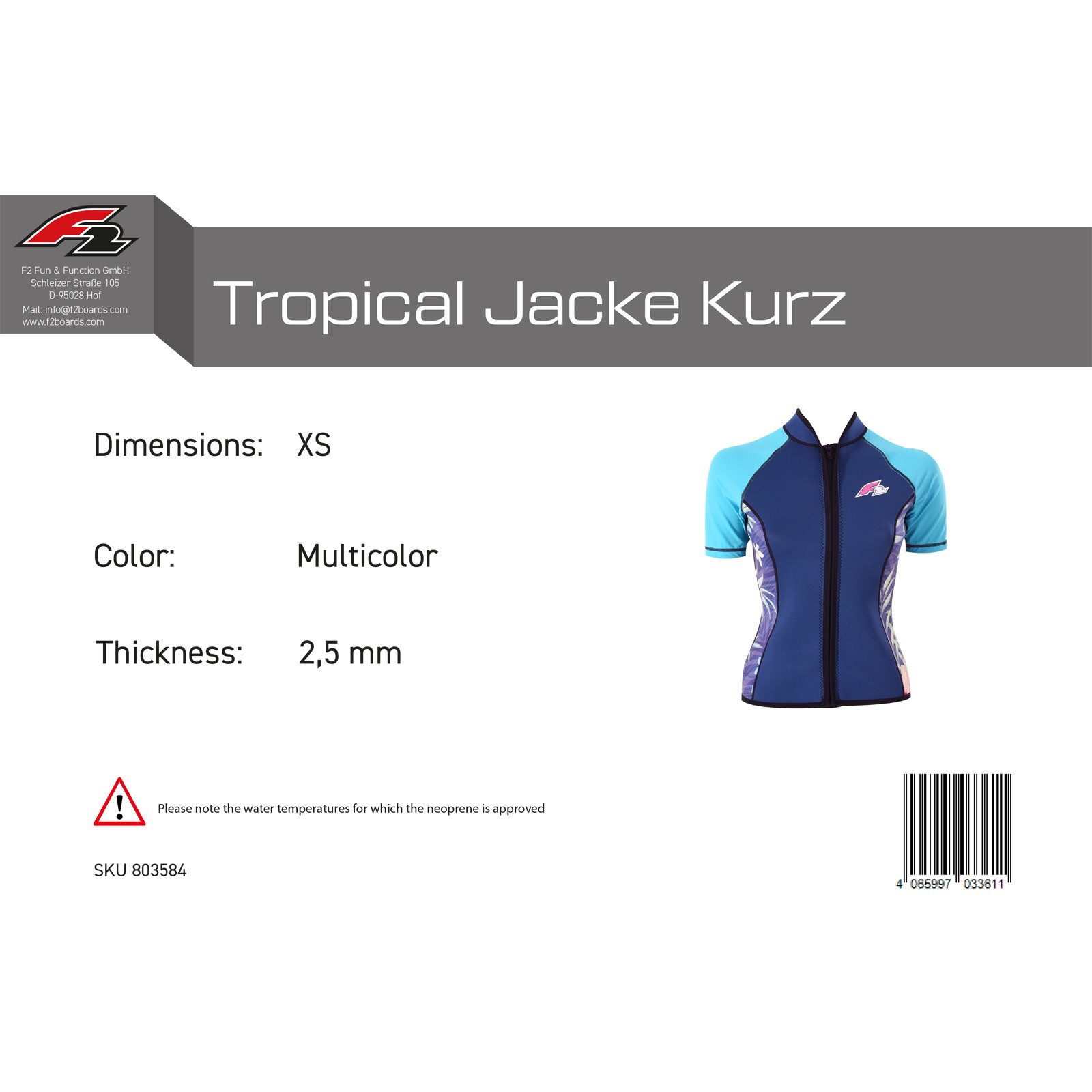 F2 Neoprenanzug F2 Damen Neopren Oberteil Tropical Jacke Kurz 2,5 mm XS Multicolor 202