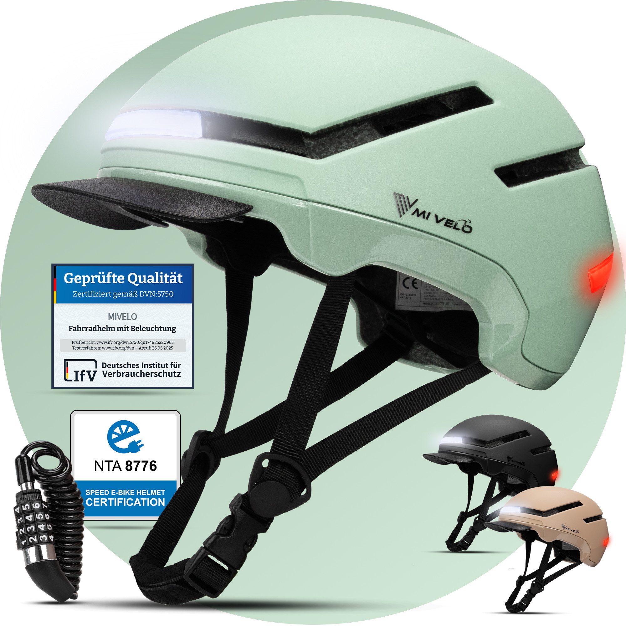 MIVELO Fahrradhelm NOVA - für Herren und Damen mit Licht vorne & hinten, NTA zertifiziert, 360° Beleuchtung, 24 Monate Crash-Ersatz-Garantie