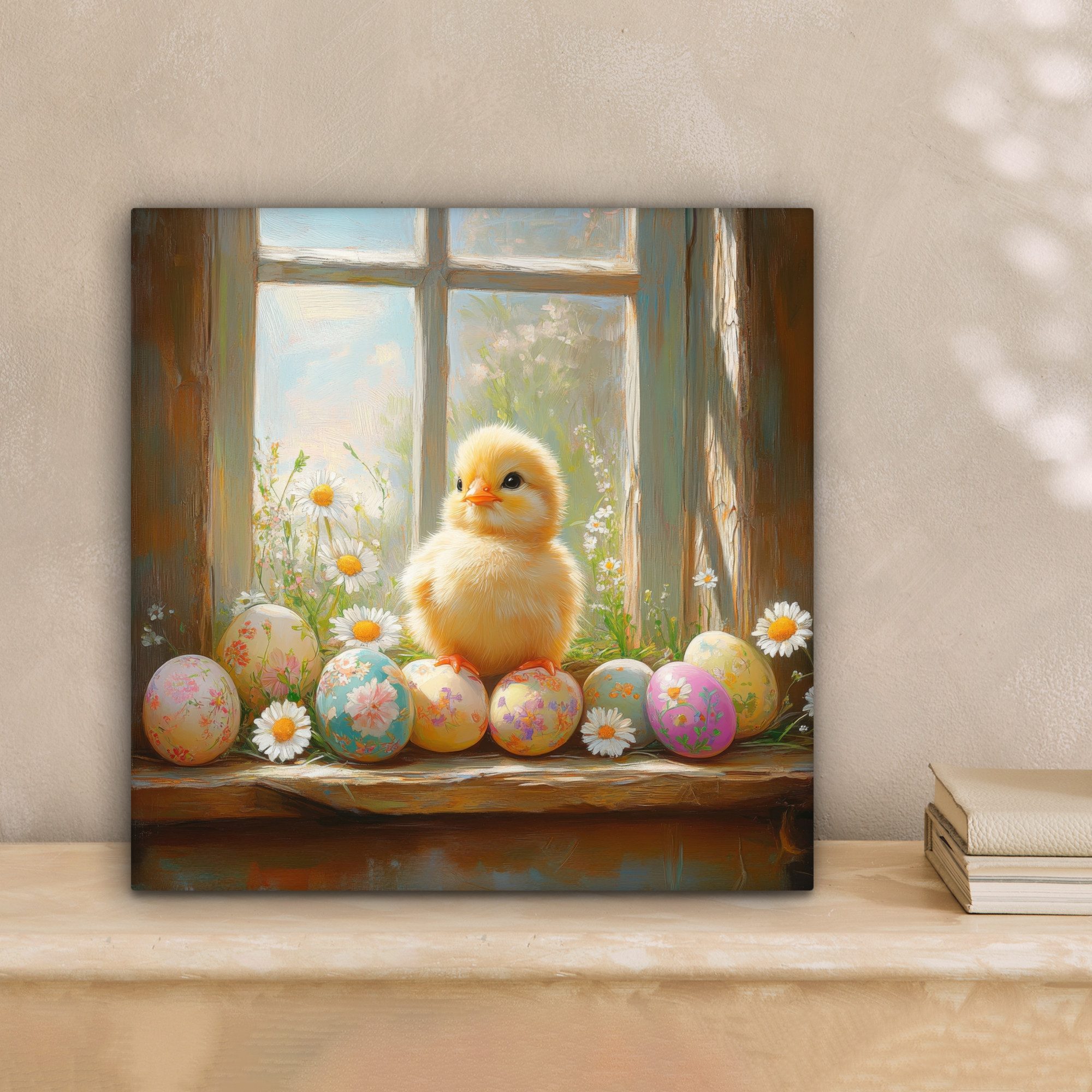 OneMillionCanvasses® Leinwandbild Küken - Fenster - Ostereier - Ostern Deko, Fotodruck (1 St), Wandbild, Deko Schlafzimmer Wohnzimmer Flur 20x20 cm