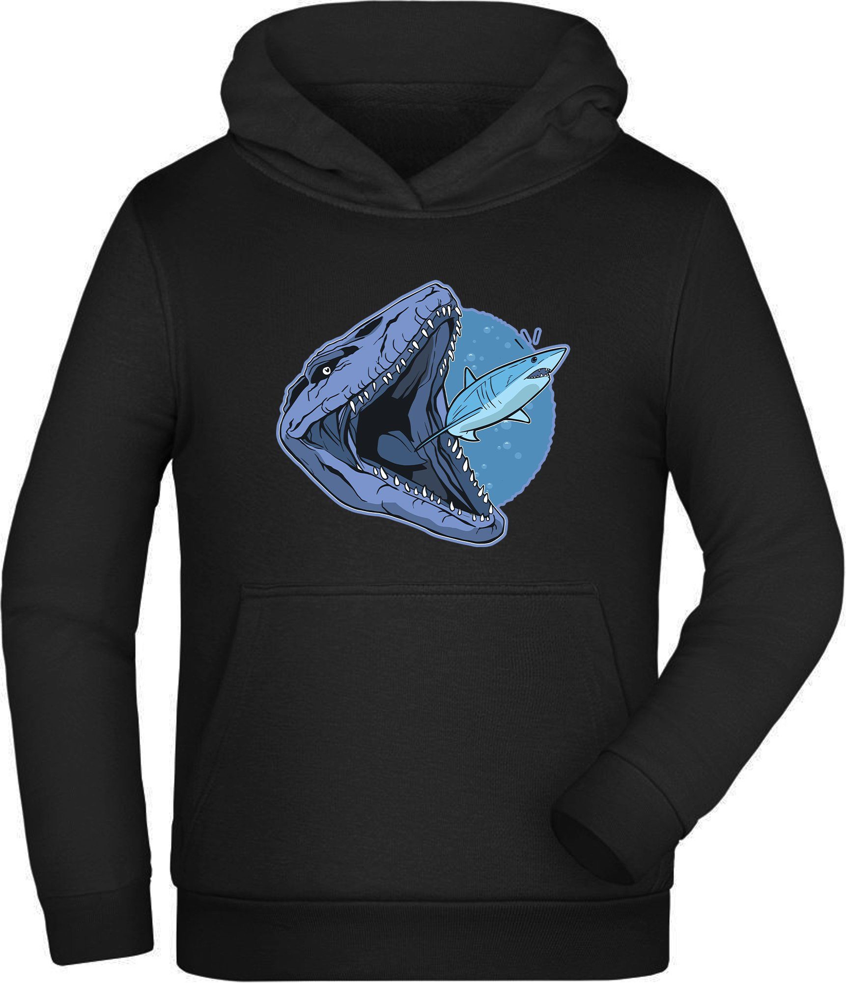 MyDesign24 Hoodie Kinder Kapuzen Sweatshirt - Mosasaurus der einen Hai frisst Kapuzensweater mit Aufdruck, i47
