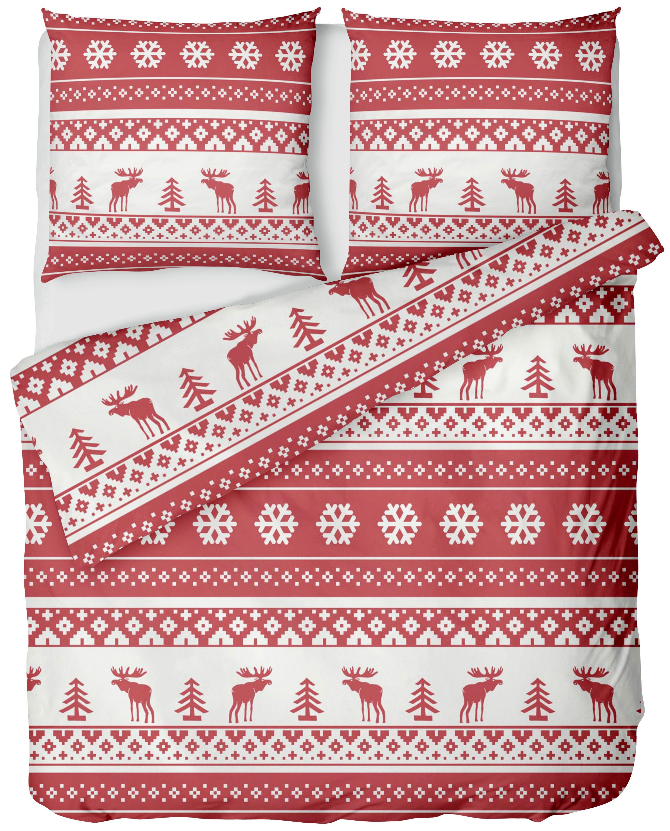 Bettwäsche Biber Weihnachtsbettwäsche 135x200 / 155x220 + Kissen, LINKHOFF,  Winter Bettwäsche Weihnachten Warm Biberbettwäsche Rot Weiß