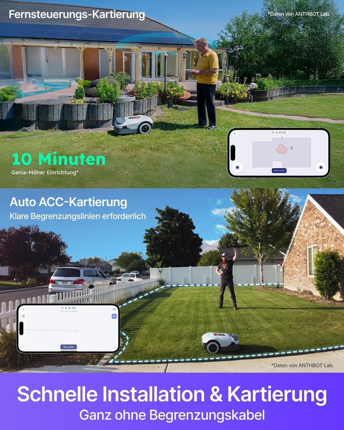 ANTHBOT Rasenmähroboter ANTHBOT KI Drahtloser Mähroboter, bis 1500 m² Rasenfläche, (RTK+4-Kamera-Vision Rasenmäher Roboter), Mehrzonen-Management,Hindernisvermeidung