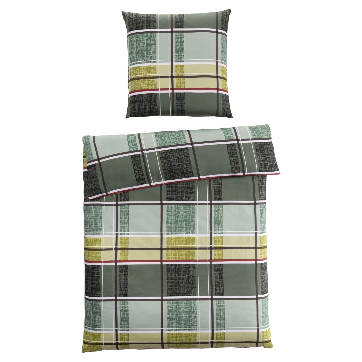 casa NOVA Постельное белье JUNA, 135 x 200 cm, Grün, Baumwolle, Karomuster, Satin, 2 teilig, mit Reißverschluss