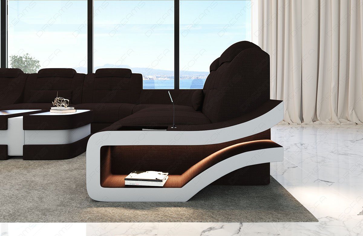 Sofa Elegante XXL wahlweise Wohnlandschaft Form Sofa, Dreams H mit Bettfunktion Stoffsofa Polster Stoff graubraun-weiß Couch
