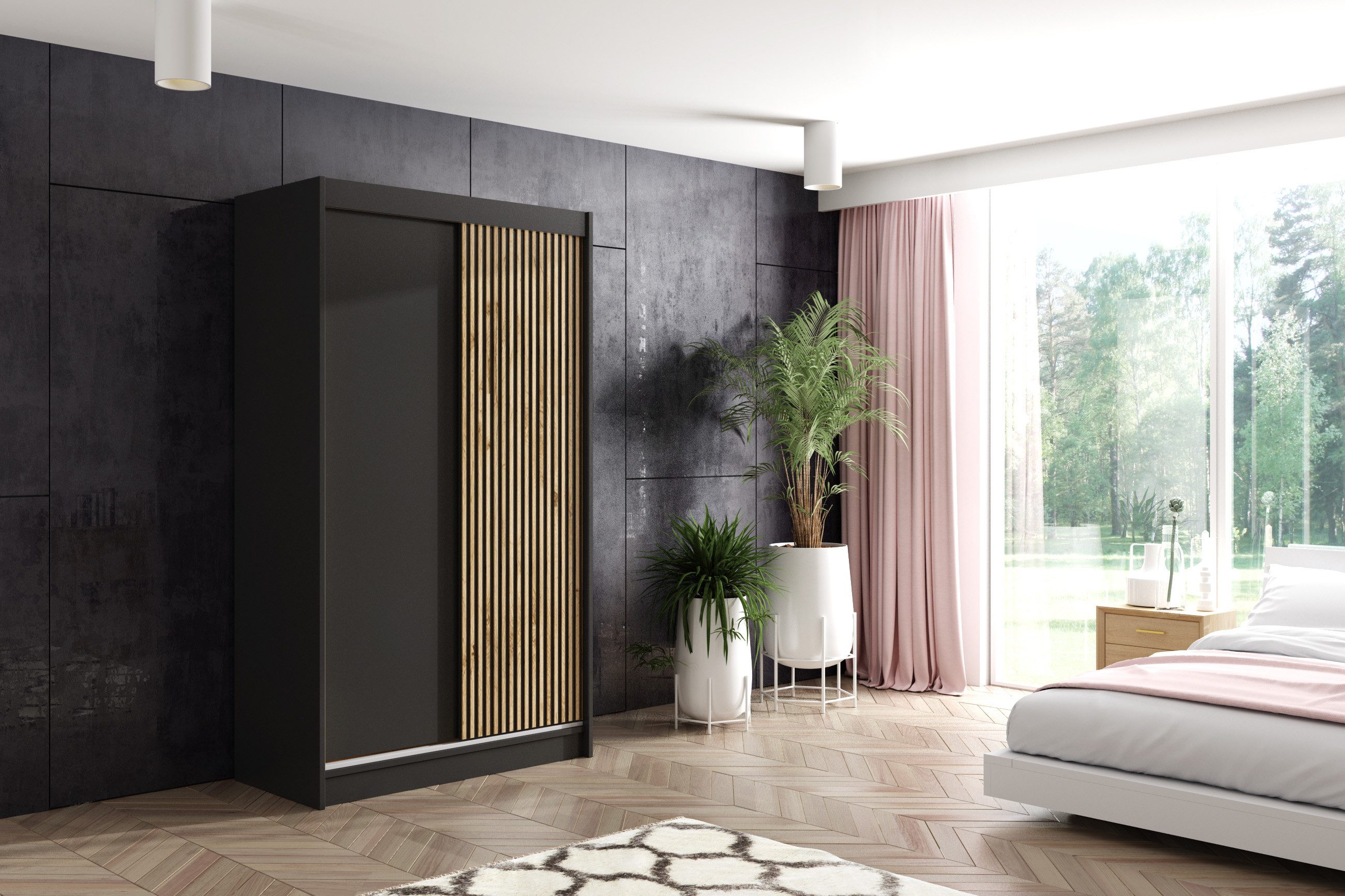 ALTDECOR Schiebetürenschrank VILAN (Kleiderschrank Garderobenschrank mit viel Stauraum Moderner Schrank) Spiegel Spiegeltüren Lamellen Schwebetürenschrank LED Beleuchtung