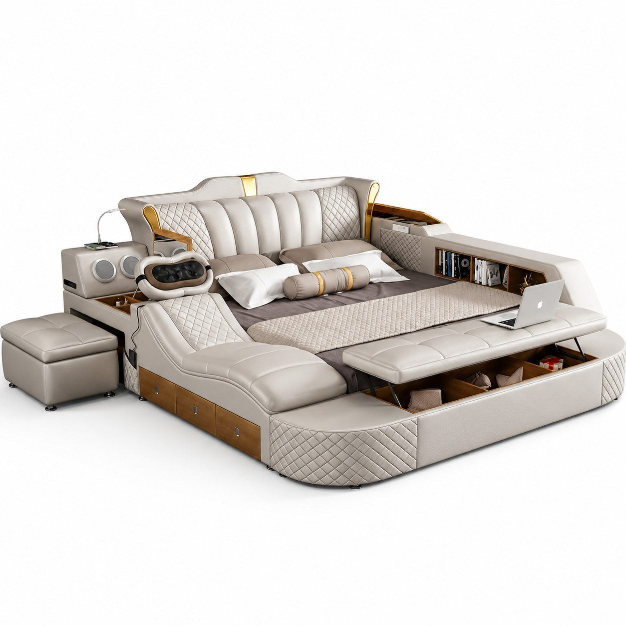 JVmoebel Multimediabett Luxus Polsterbett Aurelia mit Stauraum & Goldakzenten Sofort (Bett), Made in Europa