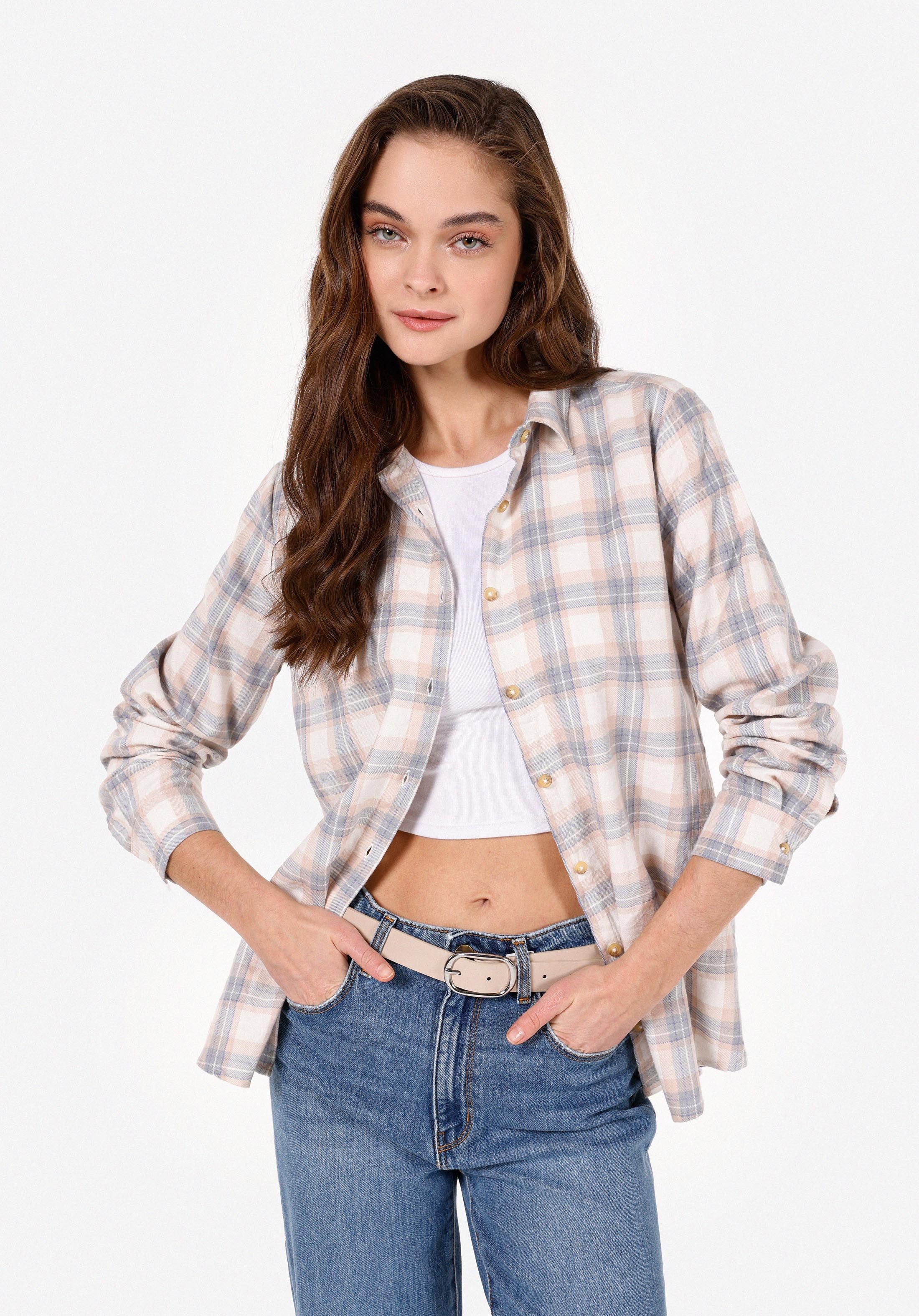 Colins T-Shirt Colins Regular Fit Shirt Neck Plaid Damen Langarmshirt günstig online kaufen