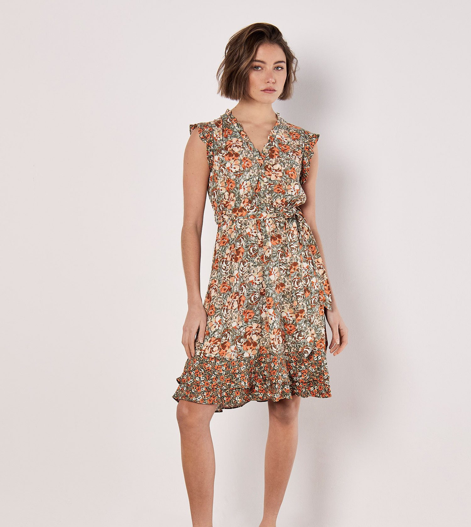 Apricot Druckkleid Geblümtes Minikleid (2-tlg) mit Rüschen günstig online kaufen