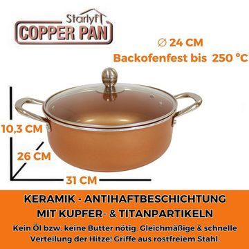 Starlyf Kochtopf Copper Pan Casserole, Aluminium, Kupfer (3 Varianten, 2-tlg., Im Set oder einzeln Ø 24 - 28 cm Topf mit Glasdeckel), Kupfer Keramik Topf mit Anthaftbeschichtung, backofenfest, Induktion