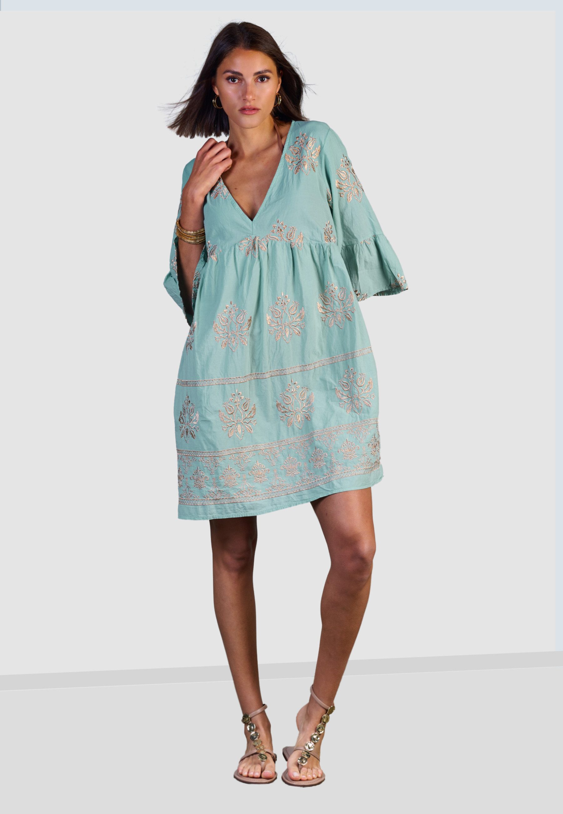 Andijamo-Fashion Minikleid GOLDEN BLOOM Locker fallendes Kleid in ausgestellter A-Linie