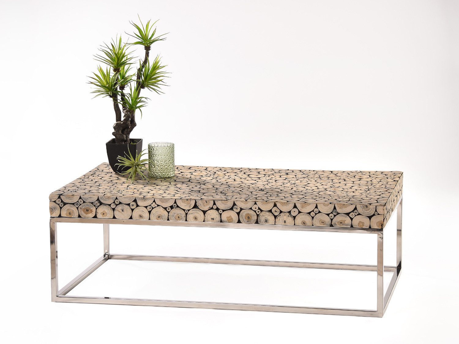 Bambus-Lounge Couchtisch Sofatisch Grayson mit Glasplatte aus Teakholz Wohnzimmertisch