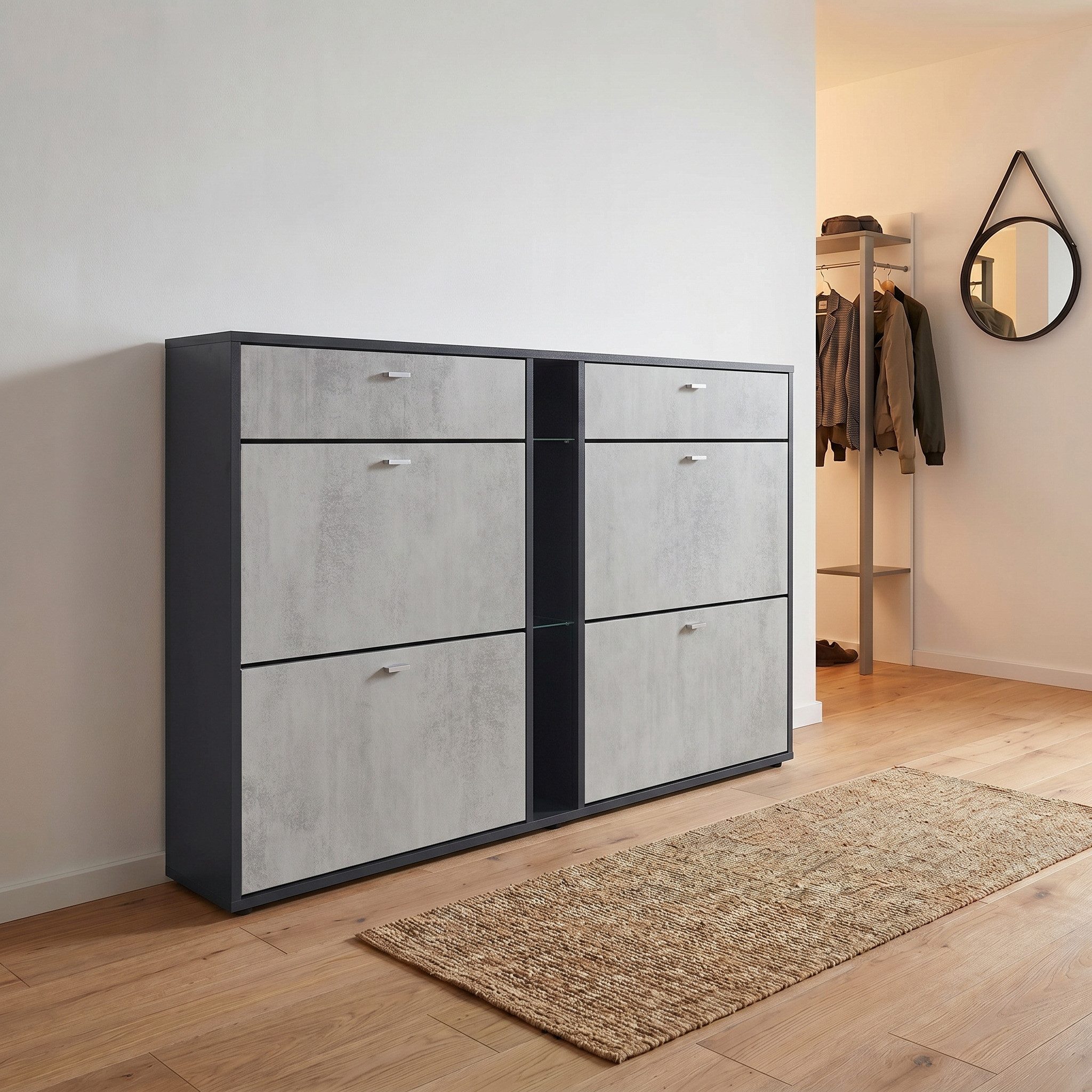 Vladon Schuhschrank Today (Schuhkipper für 24 Paar Schuhe mit 4 Klappen, 2 Schubladen und 3 offene Fächer) Schwarz matt/Beton Oxid Optik (155,5 x 95 x 28 cm)