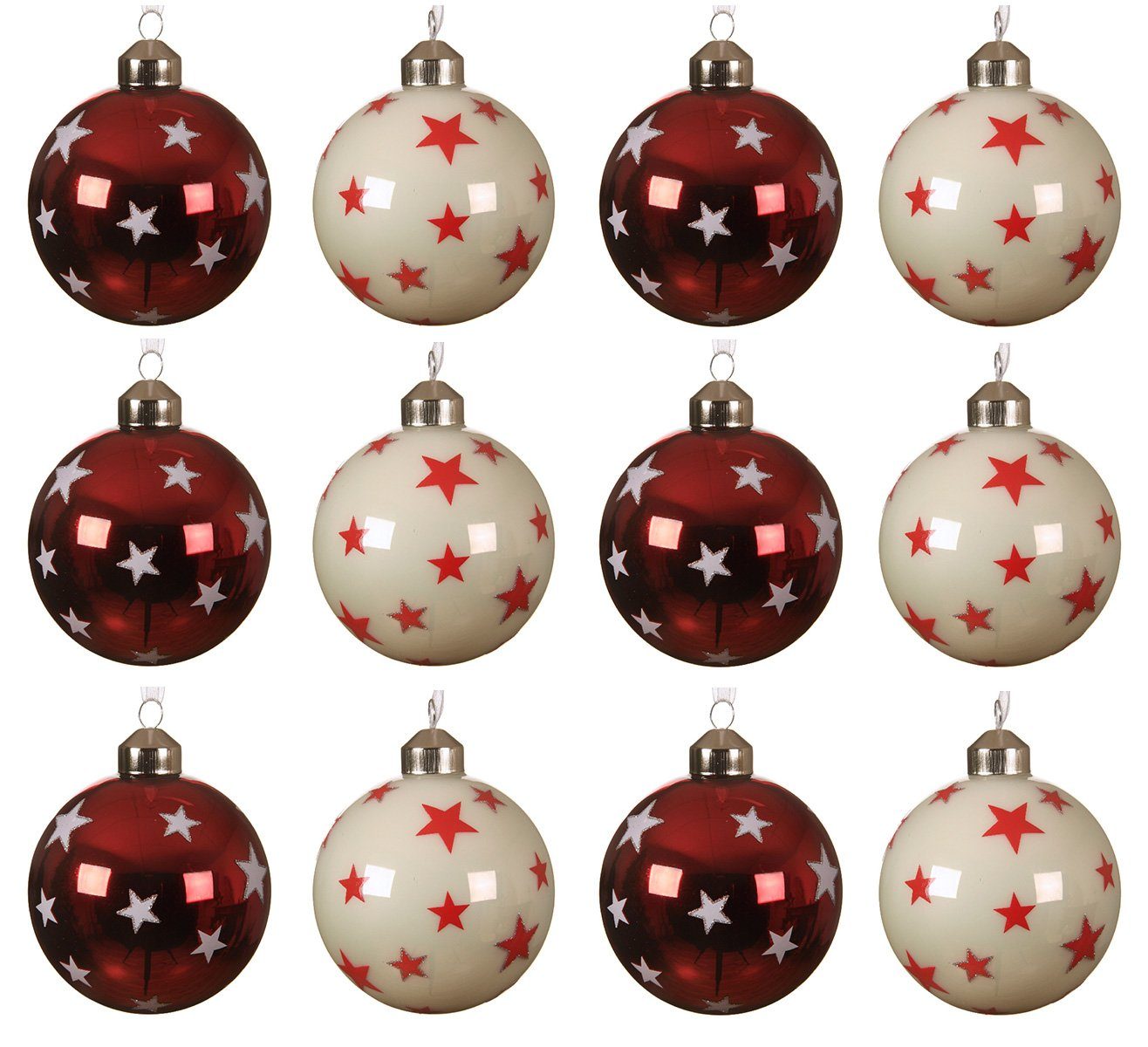 Decoris season decorations Weihnachtsbaumkugel, Weihnachtskugeln Glas 8cm mit Sternen Muster 12er Set rot / weiß