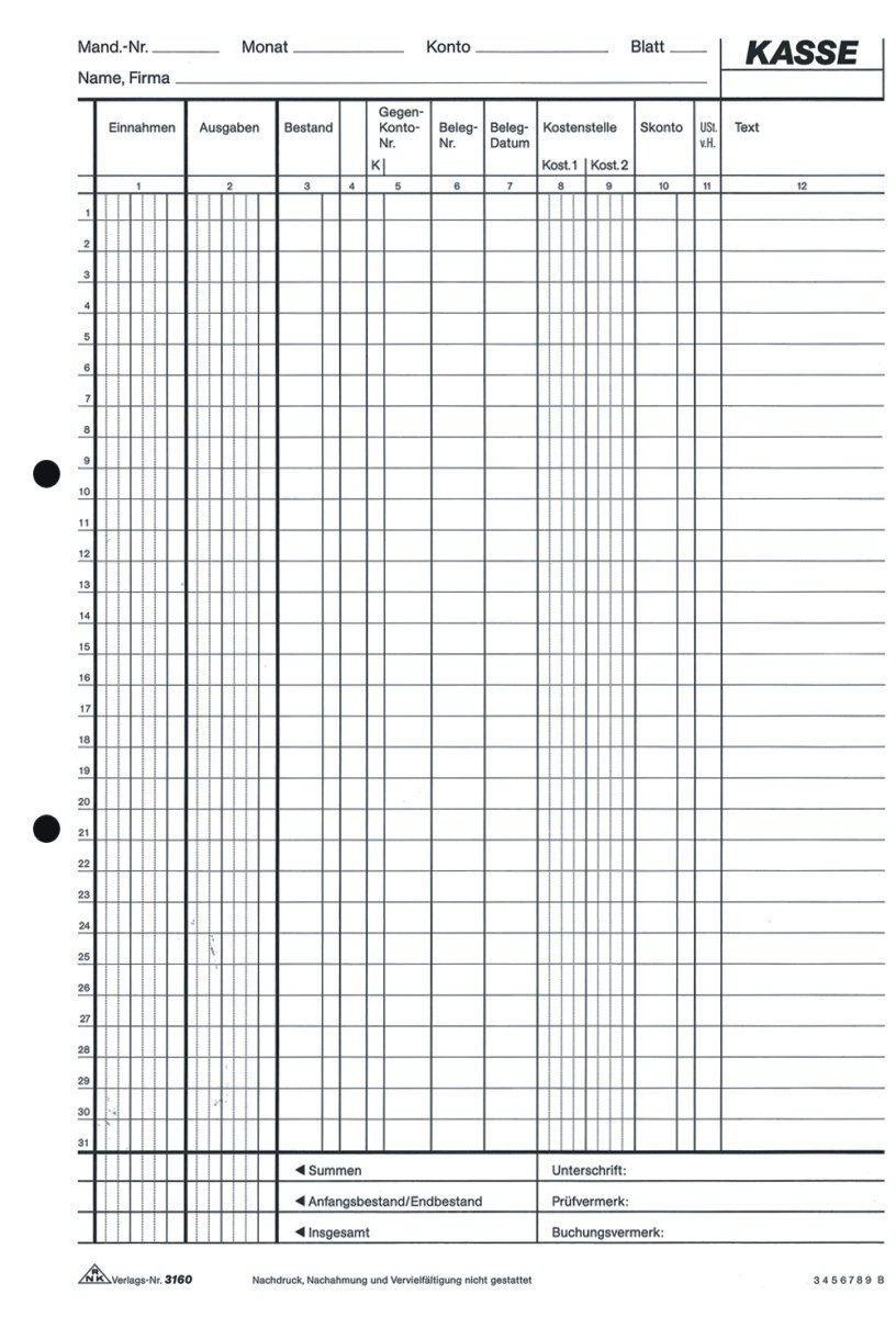 RNK Verlag Formularblock Kassenbuch EDV A4 2x50 Blatt