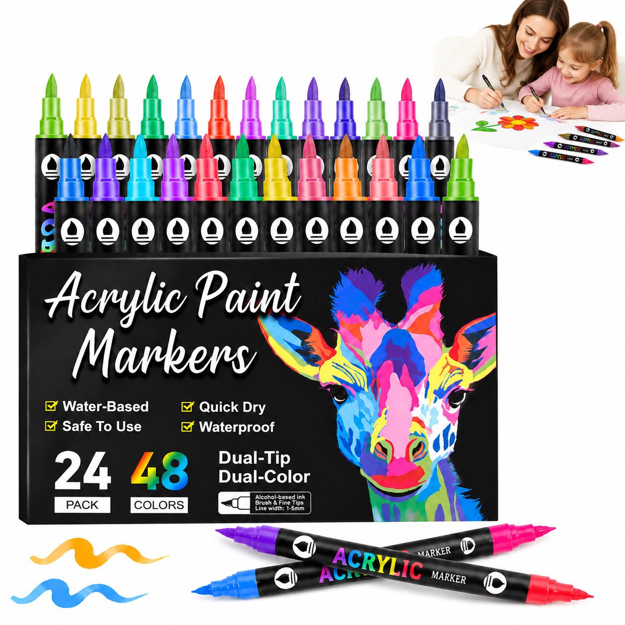 ibettertec Aquarellstifte Acrylmarker 24 Stück, 48 Farben, Acrylstifte mit Doppelspitze, (Vielseitige Acrylmarker mit feiner und breiter Spitze, für Malen, Zeichnen, Handlettering), Scrapbooking und kreative DIY-Bastelprojekte