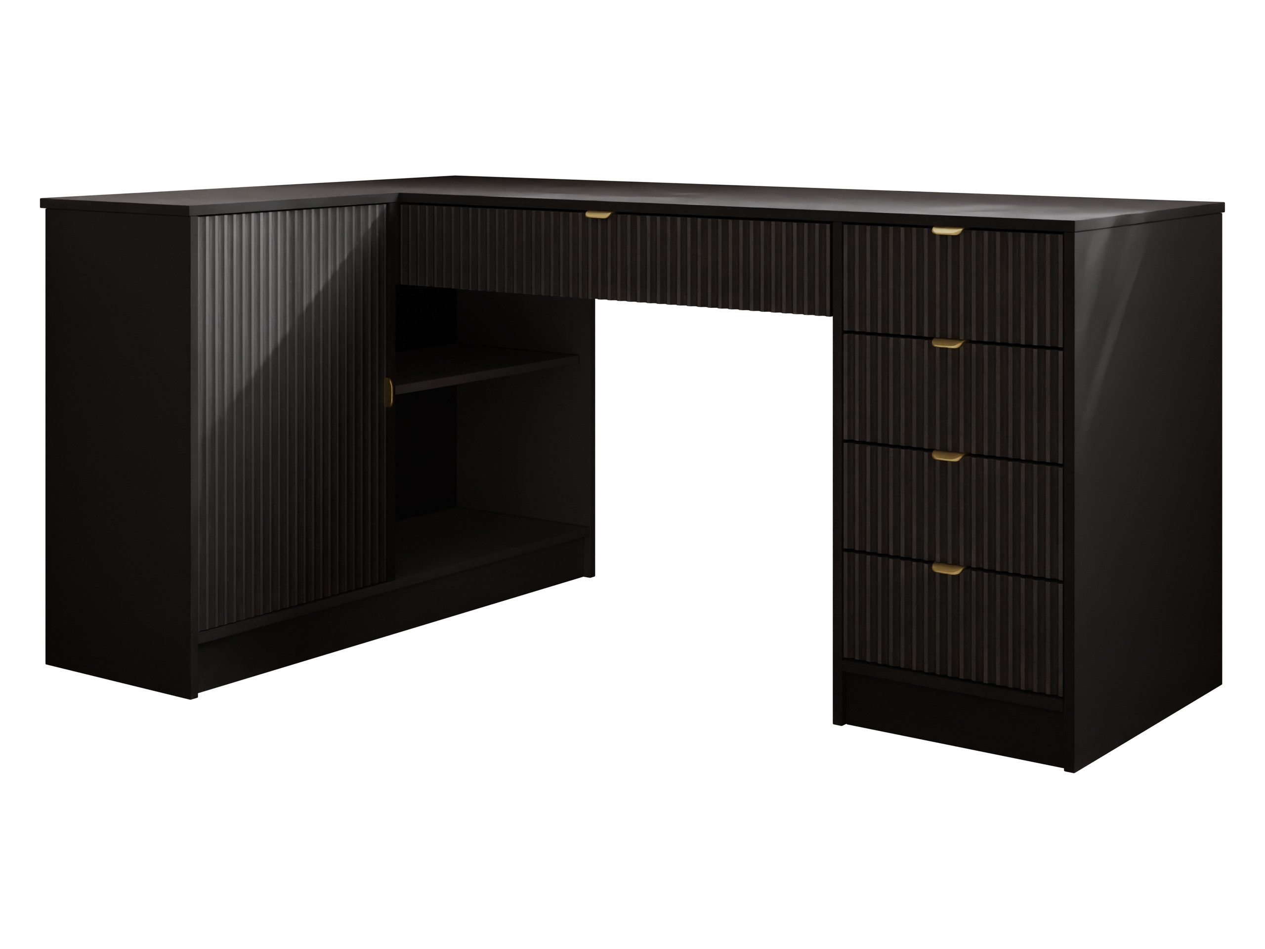 MIRJAN24 Schreibtisch Tireno (mit Drehtür und fünf Schubladen), 158x98x76 cm, Gold Aluminiumgriffe, Links / Rechts