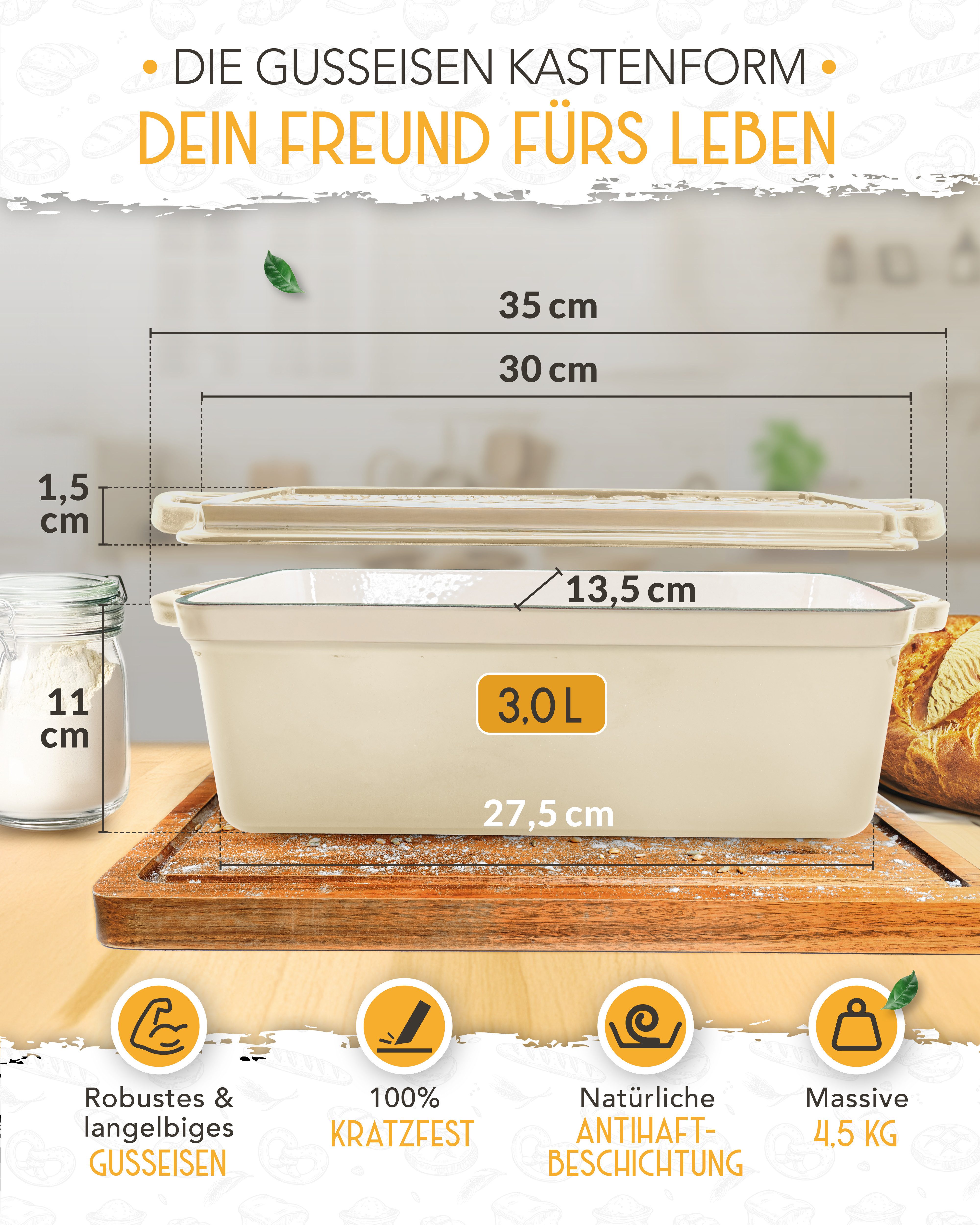Krustenzauber Brotbackform Emaille Brotbackform 28cm mit Deckel im Komplettset, Kastenform Brot