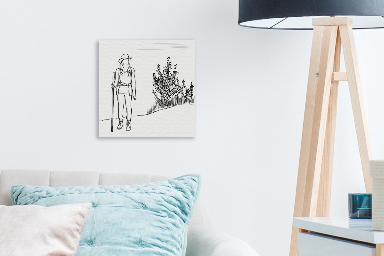 OneMillionCanvasses® Leinwandbild Illustration Wandern, Schlafzimmer einer Leinwand Wohnzimmer beim jungen Bilder für St), Frau (1