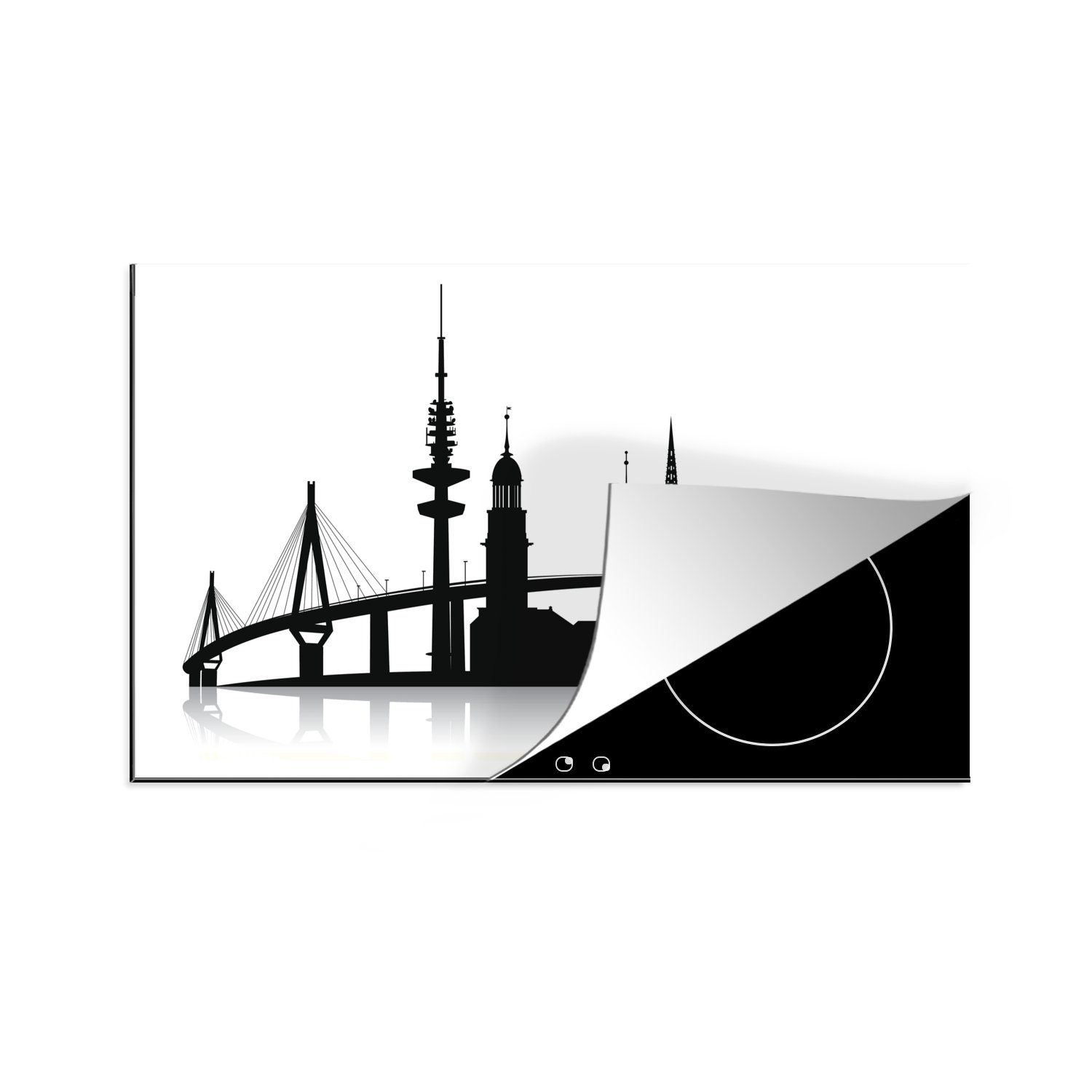 MuchoWow Herdblende-/Abdeckplatte Eine schwarz-weiße Illustration mit der Skyline von Hamburg, Vinyl, (1 tlg), 81x52 cm, Induktionskochfeld Schutz für die küche, Ceranfeldabdeckung