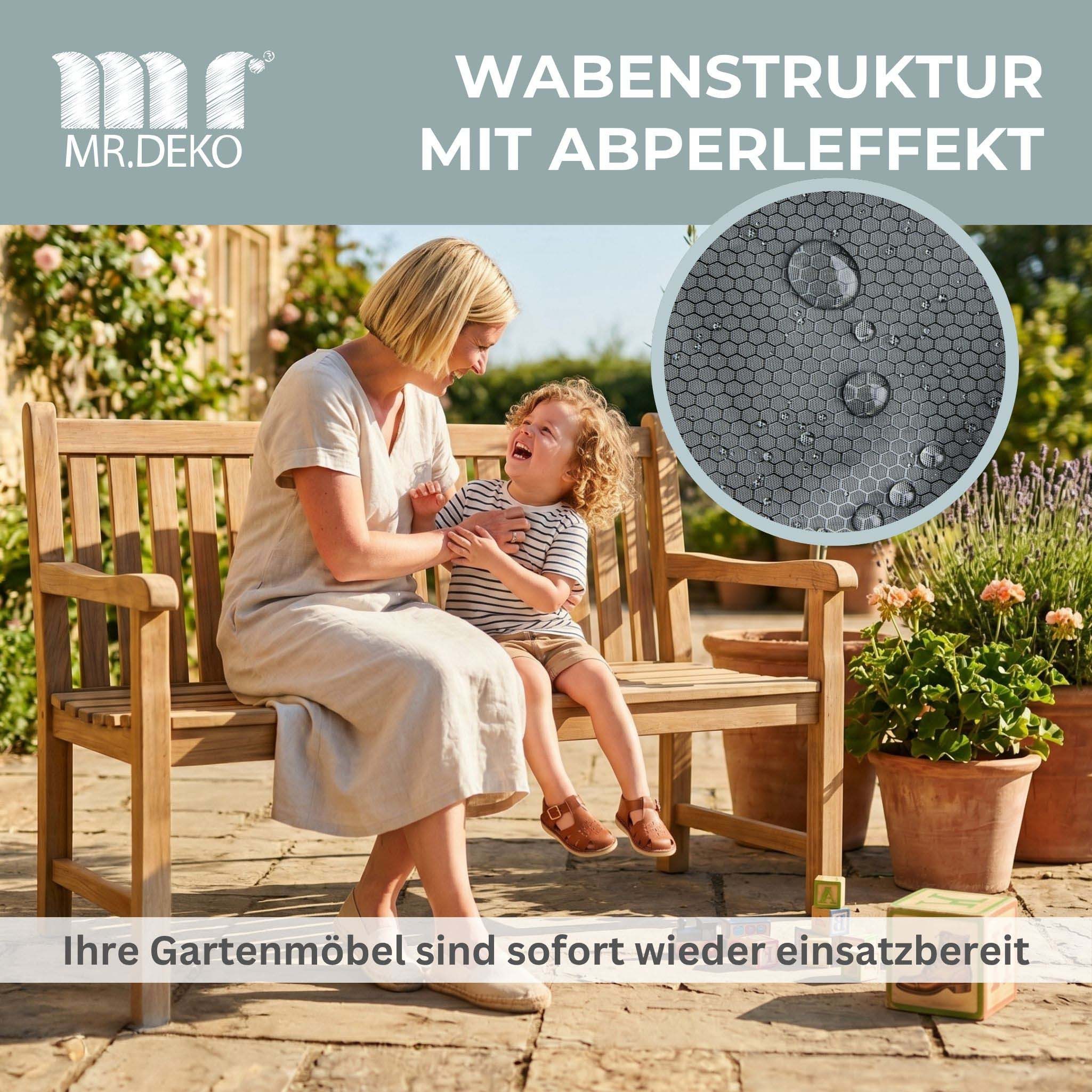 MR.DEKO Gartenmöbel-Schutzhülle Gartenbank Schutzhaube 2-Sitzer – wetterfest, atmungsaktiv (Inklusive Aufbewahrungstasche – ideal für Teak-Gartenbänke, 2-St), Mit Zugband & Stopper – robuster Schutz, Maße 130x70x86 cm