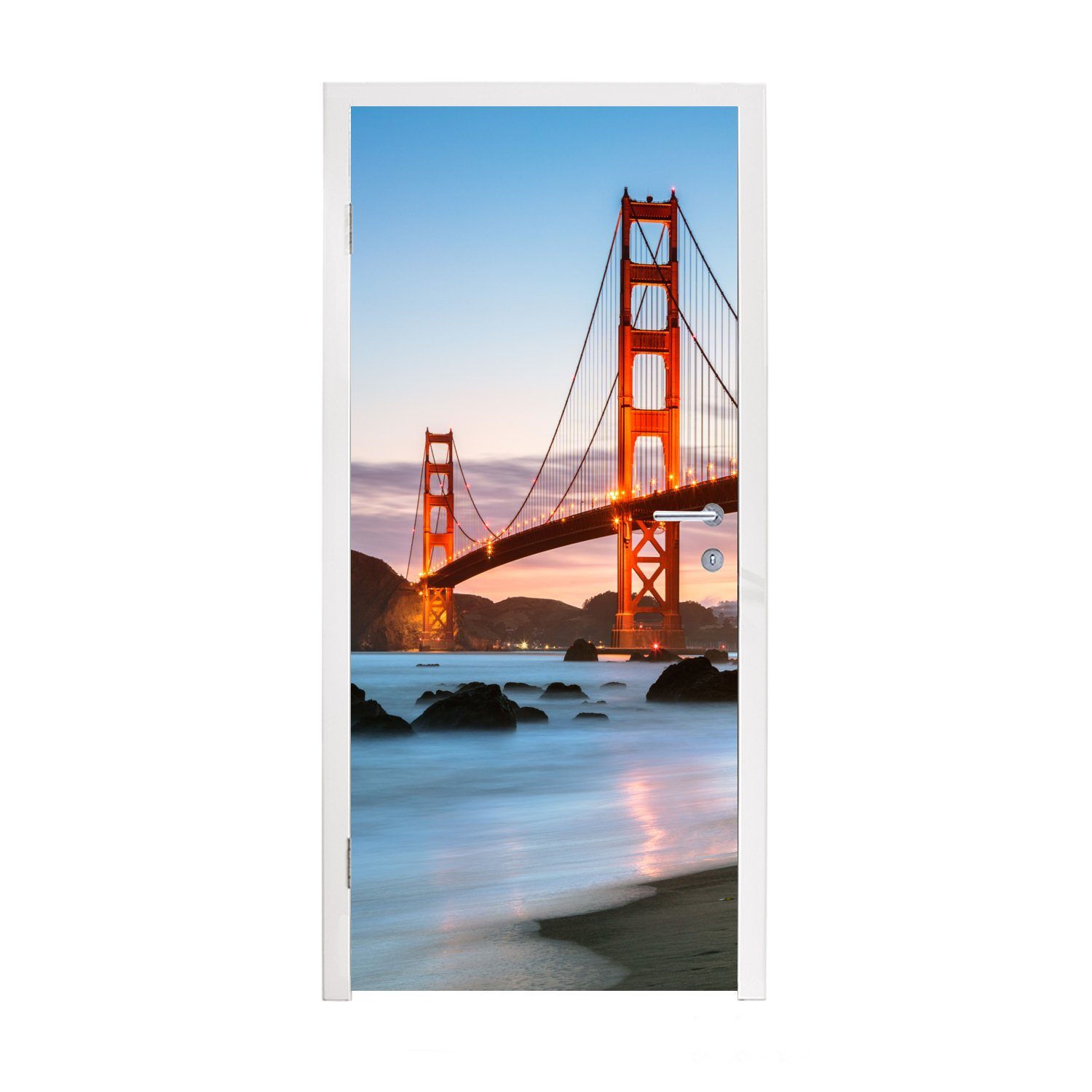 MuchoWow Türtapete Golden Gate Bridge mit blauem Sonnenuntergang und blauem Wasser, Matt, bedruckt, (1 St), Fototapete für Tür, Türaufkleber, 75x205 cm