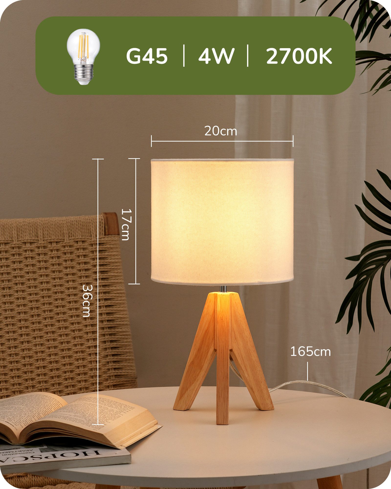 EDISHINE Nachttischlampe Vintage Tischlampe Holz mit Stoffschirm, inkl. Leuchtmittel, LED wechselbar, Warmweiß, Lampenschirm aus Leinen, für Deko, Schlafzimmer, – Bild 5 von 5