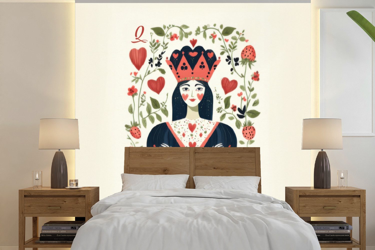 MuchoWow Fototapete Spielkarte - Herzkönigin - Blumen - Herzen, Matt, bedruckt, Vliestapete für Wohnzimmer Schlafzimmer Küche, Fototapete, 220x220 cm