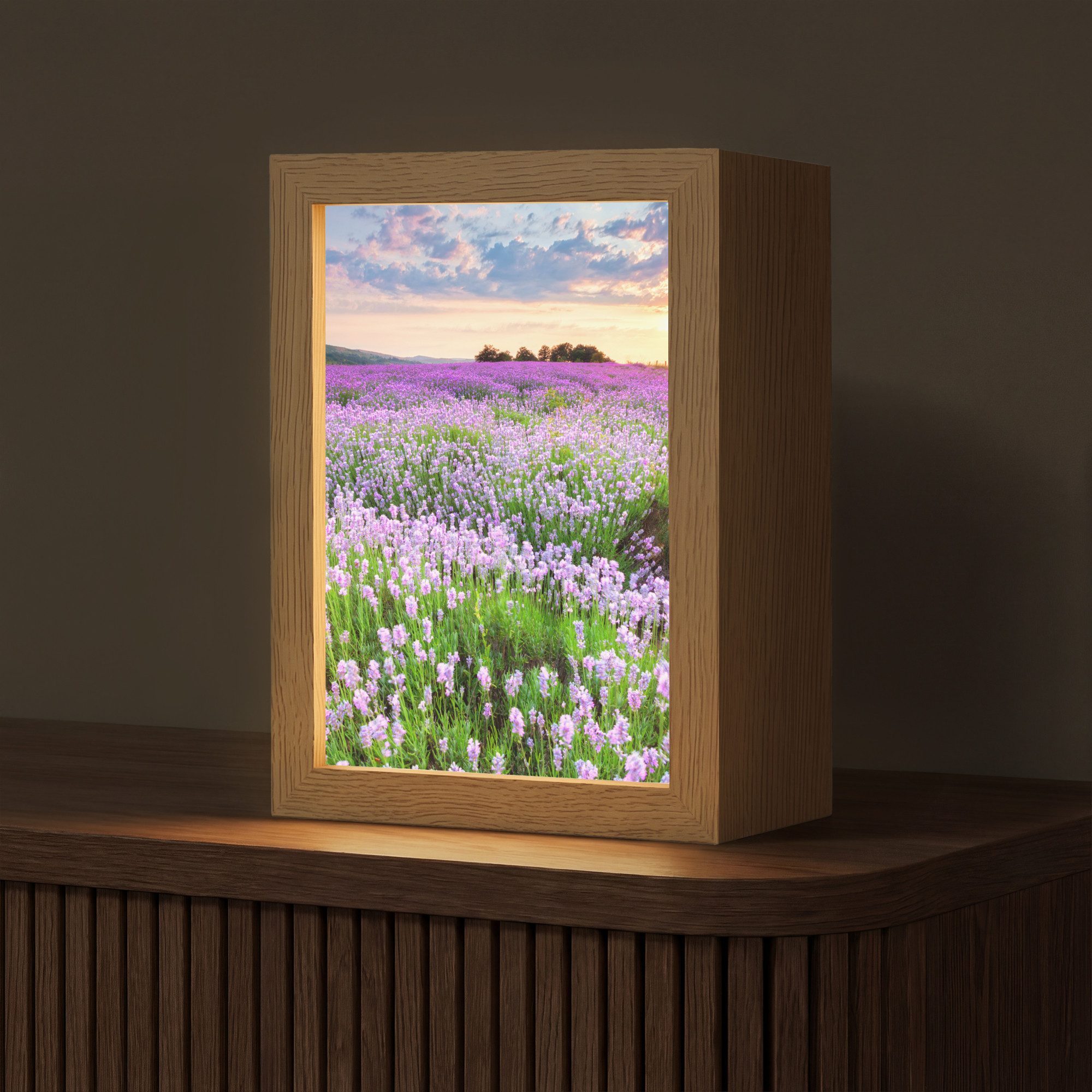 OnlyWow Tischleuchte Lightbox Lavendel - Blumen - Sonnenuntergang - Lila - Wiese, Dimmbar, Farbwechsel, LED, Warmweiß, Kaltweiß, Neutralweiß Einstellbar, Tischlampe, Schreibtischlampe, Desk, Dimmbar, mit Kabel, LED