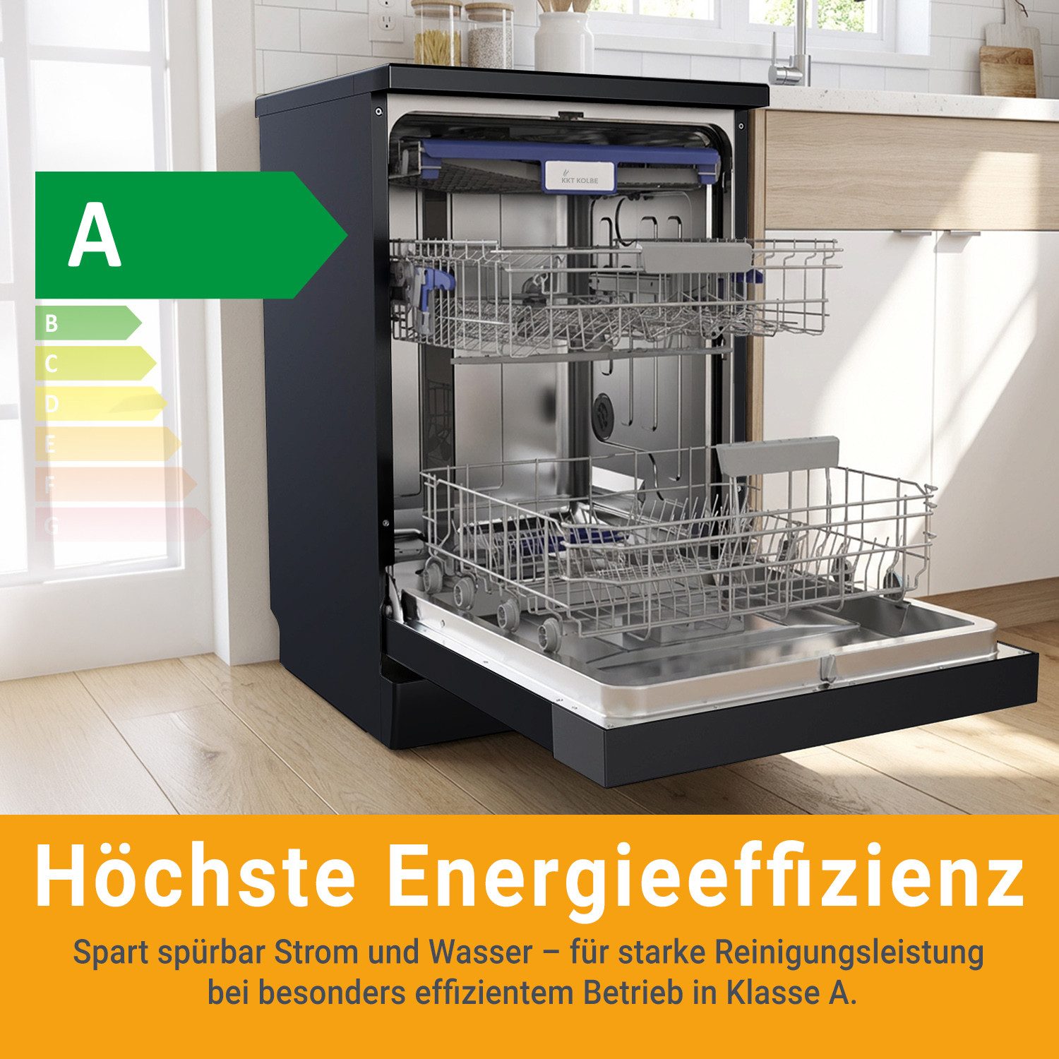 KKT KOLBE Standgeschirrspüler DW60FSS, 9,5 l, 14 Maßgedecke, 60cm / Schwarz / AquaStop / 7 Programme / 14 Maßgedecke