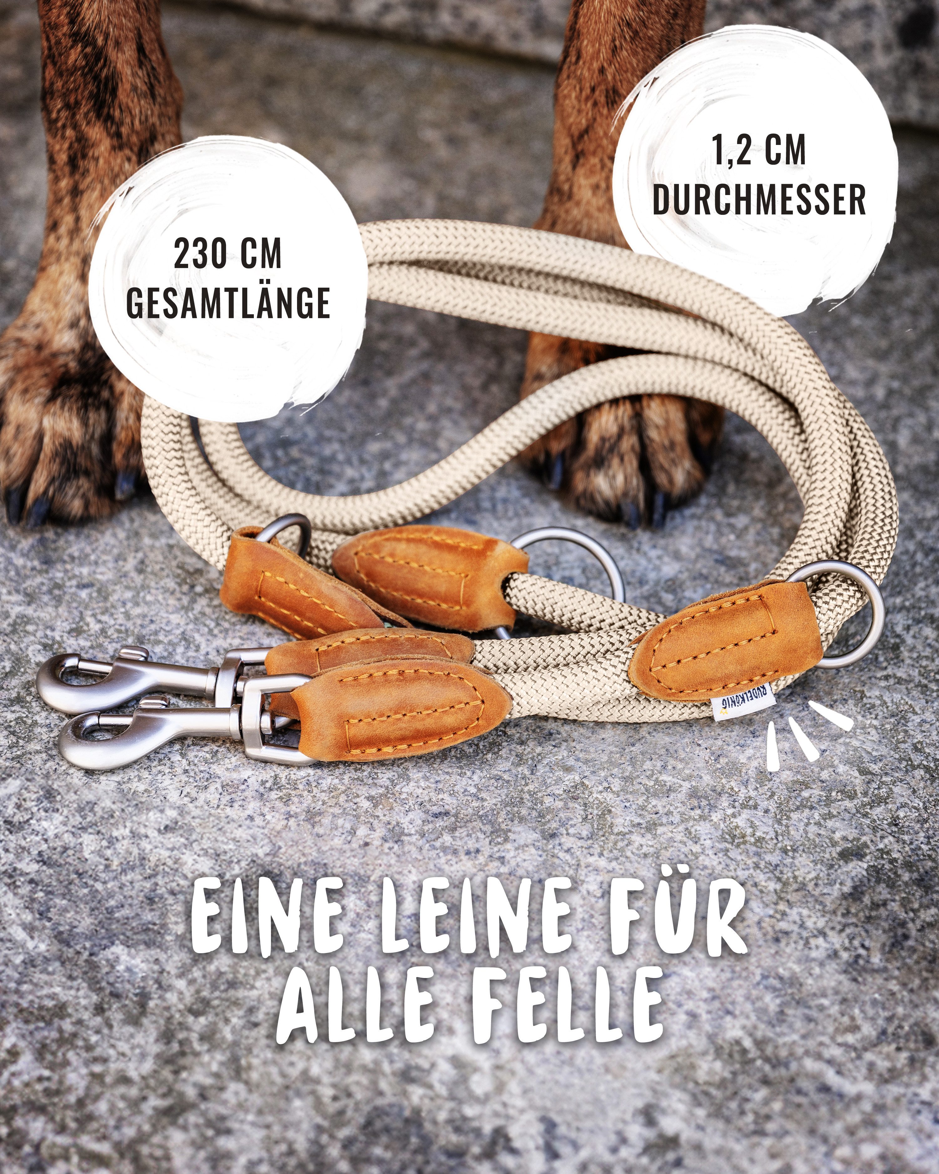 Rudelkönig Hundeleine Hundeleine 2,25m mit Leder, Elegante Führleine für große Hunde, Leder, Polyester (1-tlg), 3-fach verstellbare Tauleine