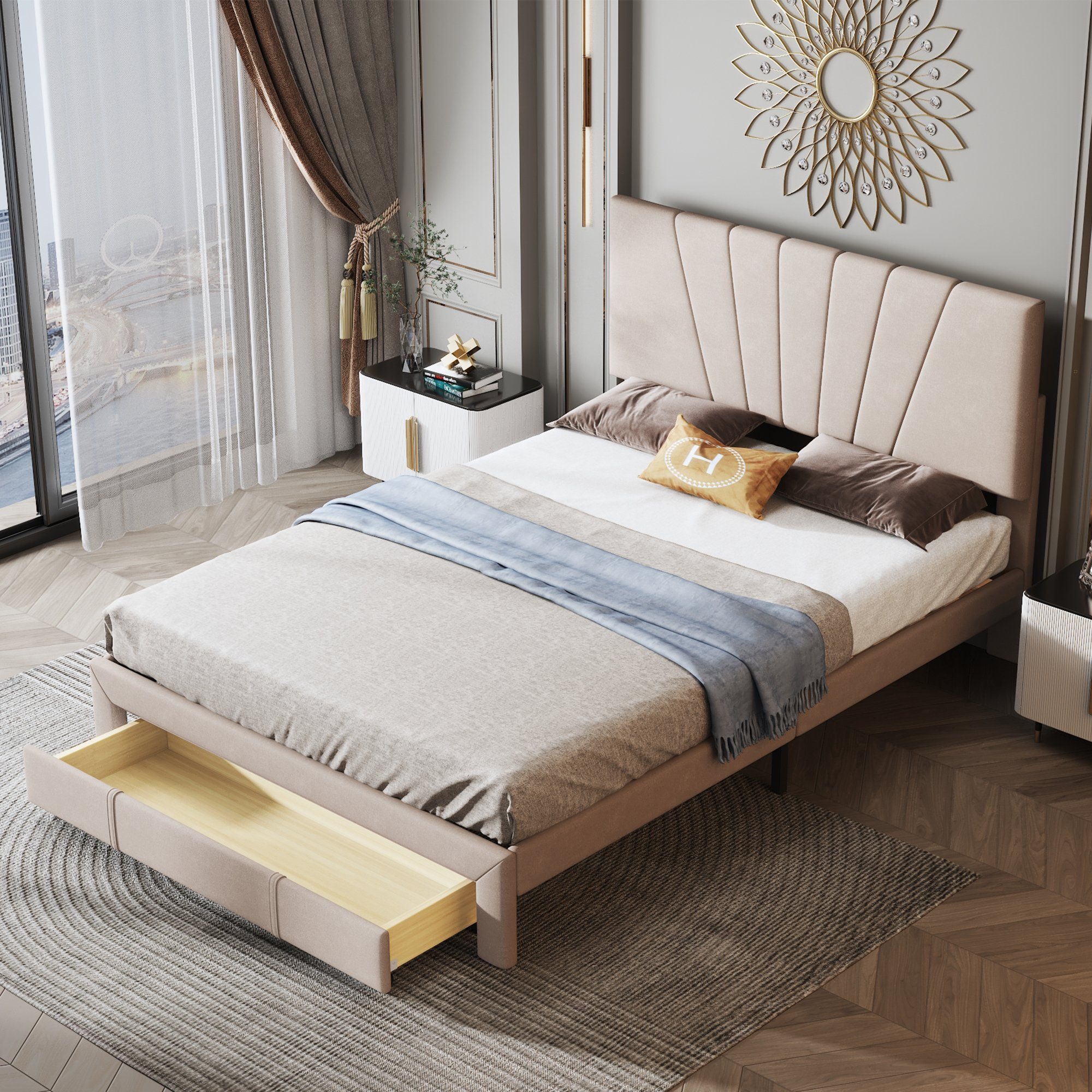 REDOM Polsterbett Doppelbett Bett Holzbett mit Bettgestell ohne Matratze 140*200 cm (mit Rückenlehne und großer Schublade) Beige