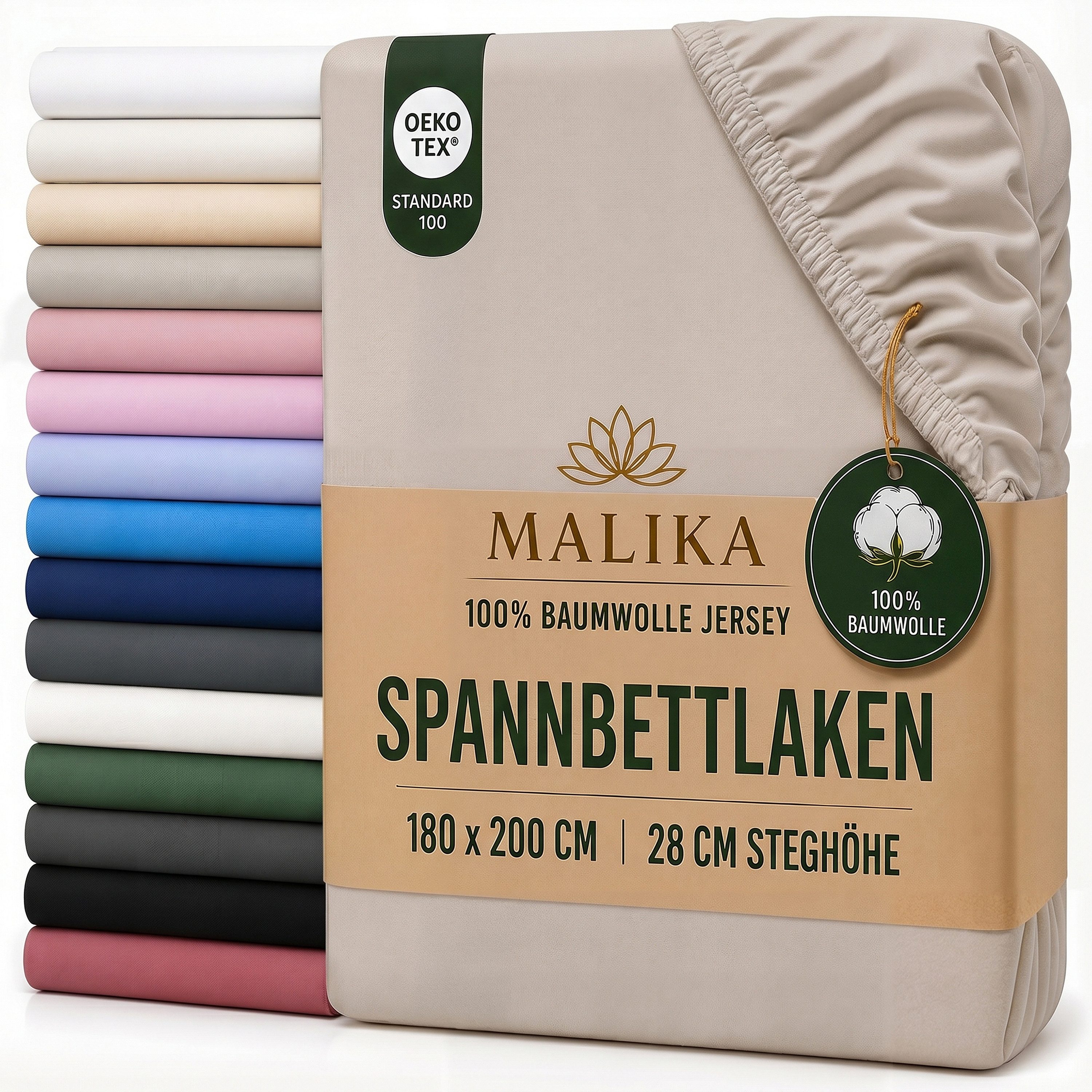Malika Spannbettlaken aus 100% Baumwolle, 90-100x200, Taupe, Jersey Baumwolle, Gummizug: Ja, (1 Stück), Allergikergeeignet, Pflegeleicht und Atmungsaktiv