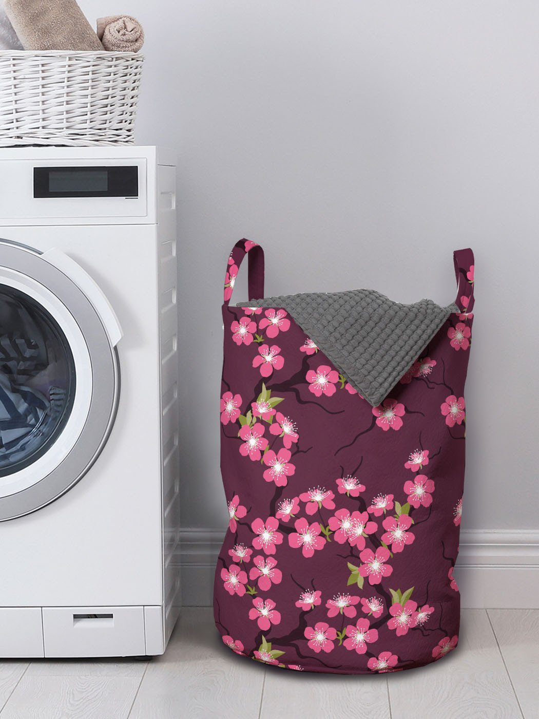 Wäschesäckchen in für Waschsalons, Wäschekorb Abakuhaus Asien April Griffen Kirschblüte Kordelzugverschluss mit