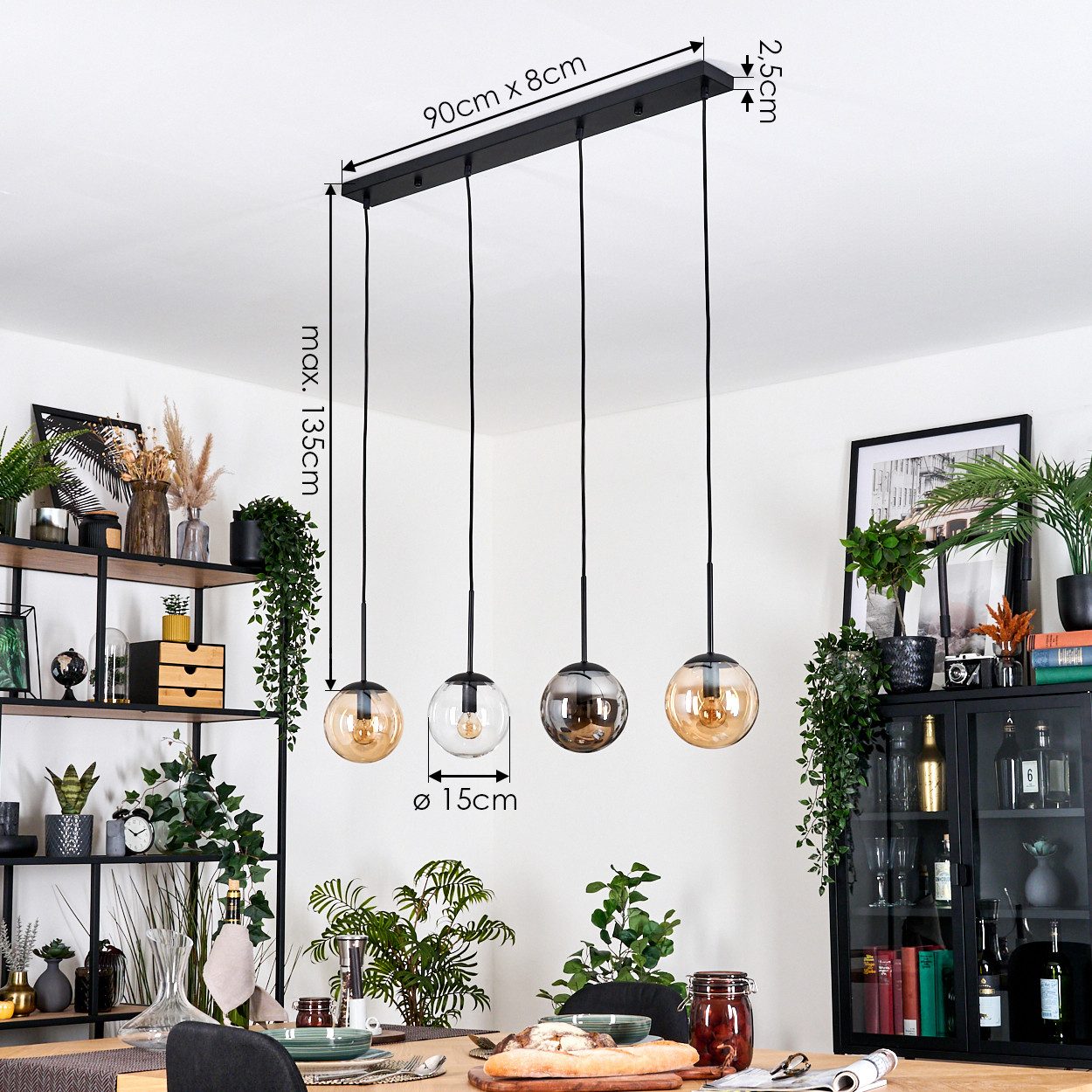hofstein Hängeleuchte Hängelampe aus Metall/Glas in Schwarz/Rauch-/Bernsteinfarben/Klar, ohne Leuchtmittel, moderne Pendelleuchte im Retro/Vintage-Design (Schirme 15 cm), 4 x E14