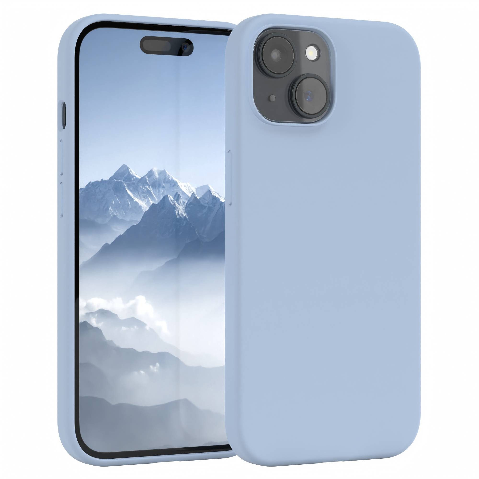 EAZY CASE Handyhülle Premium Silikon Case für Apple iPhone 15 6,1 Zoll, Slimcover mit Displayschutz Hülle Bumper Case kratzfest Etui Hellblau