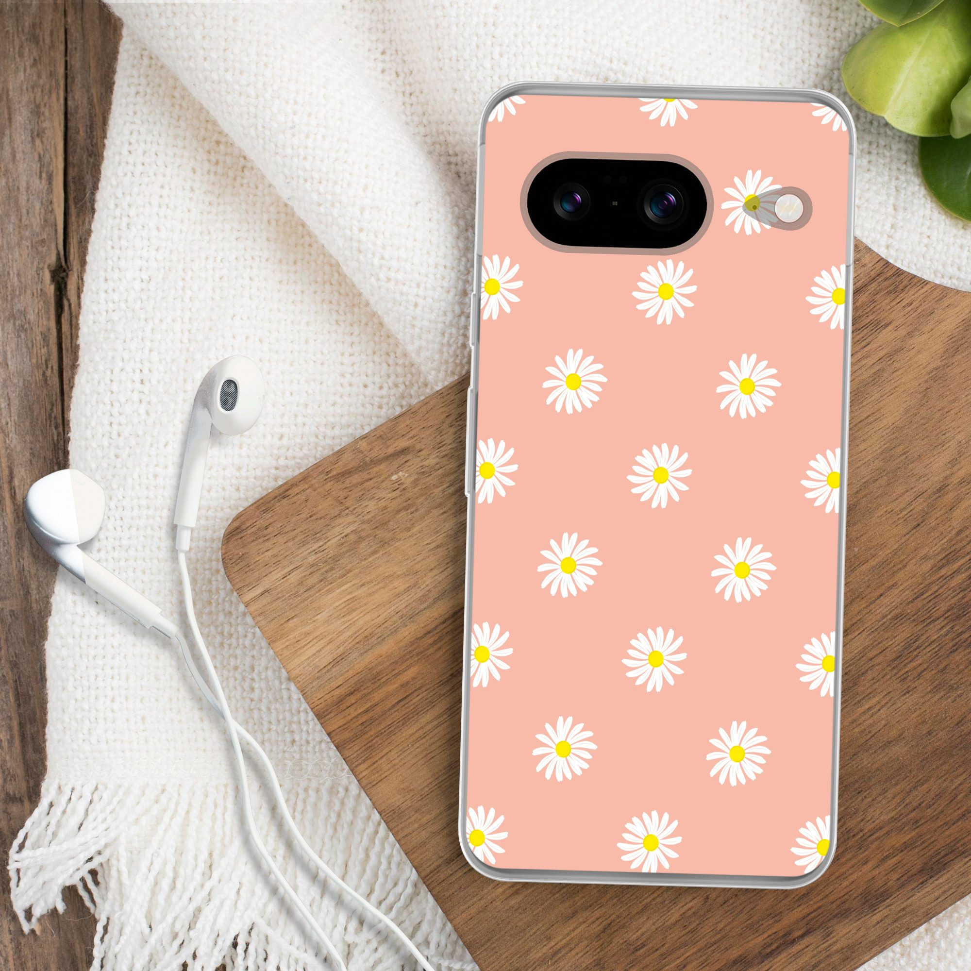 MuchoWow Handyhülle für Google Pixel 8 Gänseblümchen - Pastell - Weiß - Rosa - Blumendruck, Handy Case, Silikon, Bumper Case Dünn