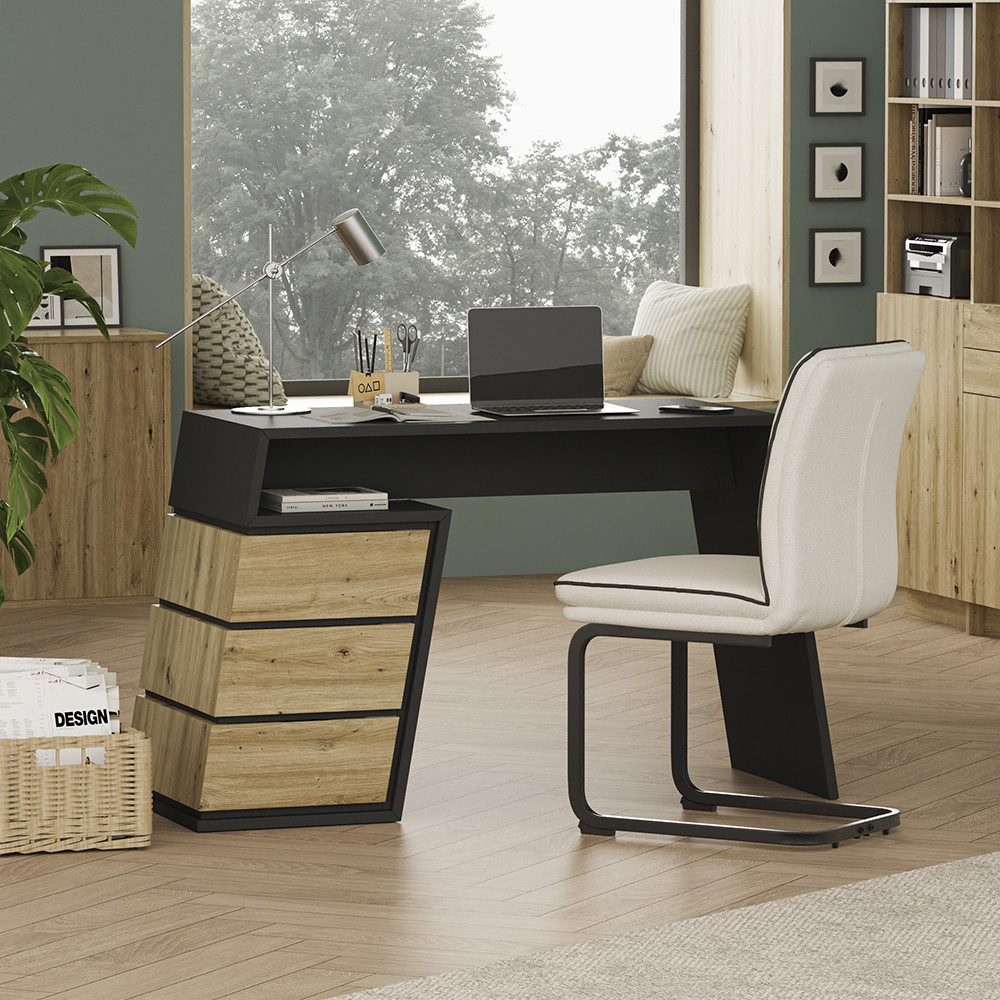Vicco Schreibtisch Okaro, Anthrazit/Eiche, 105 x 50 cm mit 3 Schubladen (1-St)