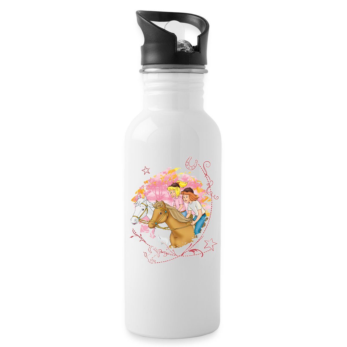 Spreadshirt Trinkflasche Bibi Und Tina Wettreiten Im Wald Wasserflasche mit Strohhalm