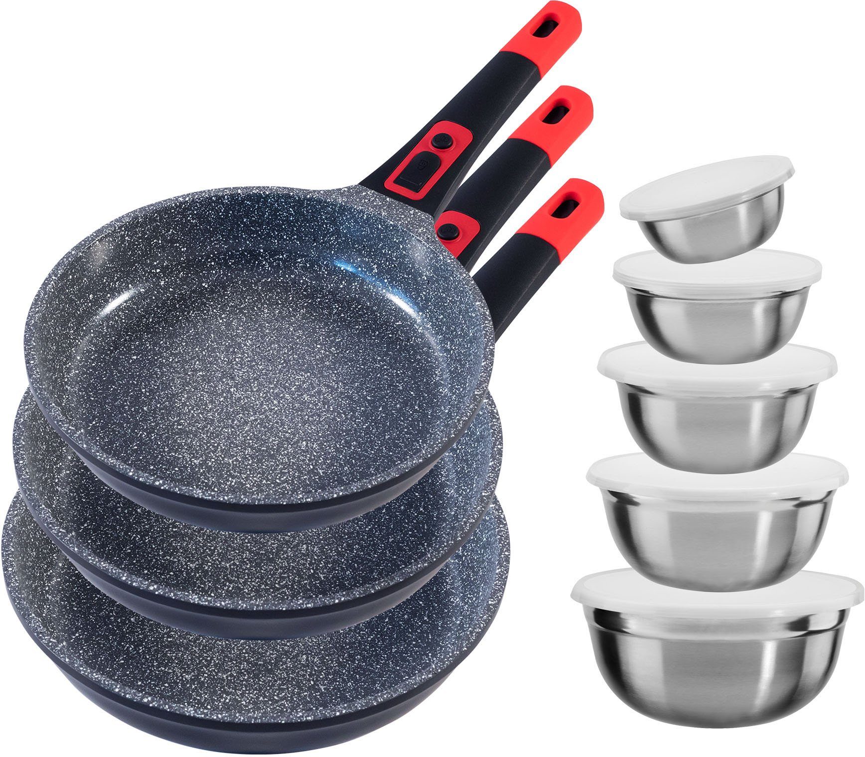 KING Pfannen-Set Click-Grip, Aluminiumguss (Set, 13-tlg., 3 Pfannen, 5 Schüsseln inkl. Deckel), abnehmbarer Griff, Induktion,Keramikbeschichtung»Fusion TI«