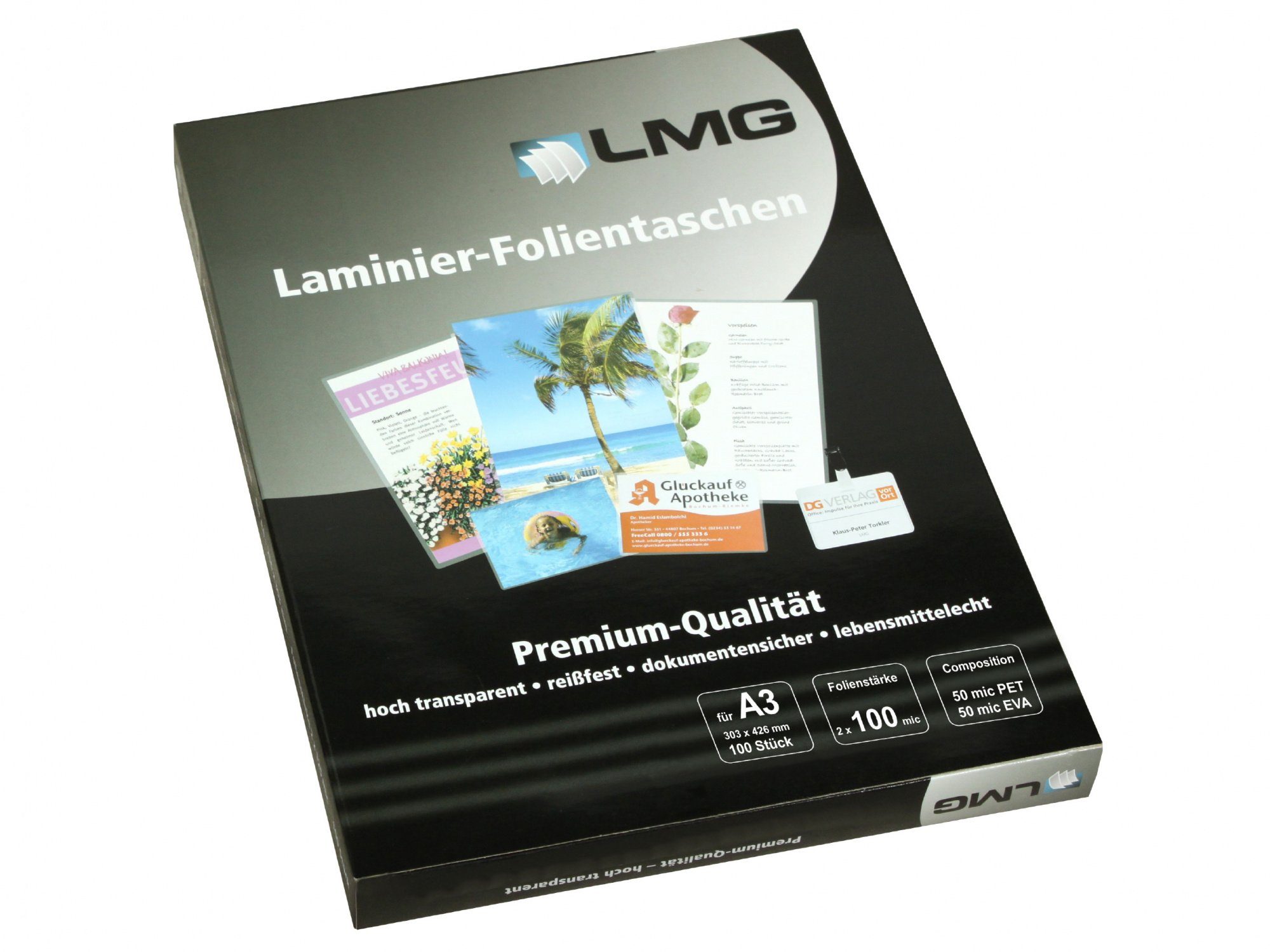 LMG Germany Laminierfolie LMG Laminierfolien A3 (303 x 426 mm), 2 x 100 mic, glänzend, 100 µm, glänzend, 100 St., 2x100 µm stark, glänzend & für Digitaldruck geeignet